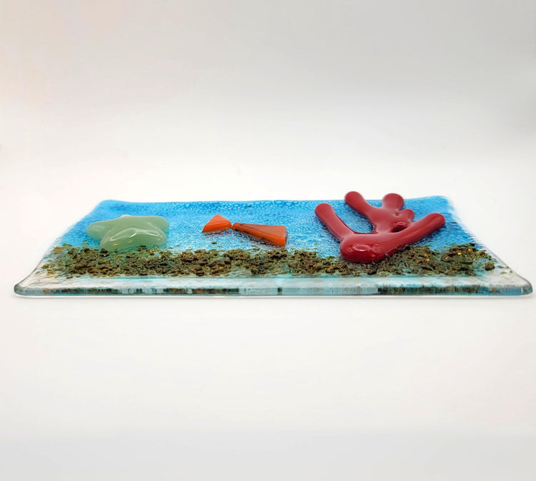 Fish Tank inspired fused glass desktop art panel on wood frame, lights up with LED lights, 5 x 4 inches seeds glassworks seedsglassworks