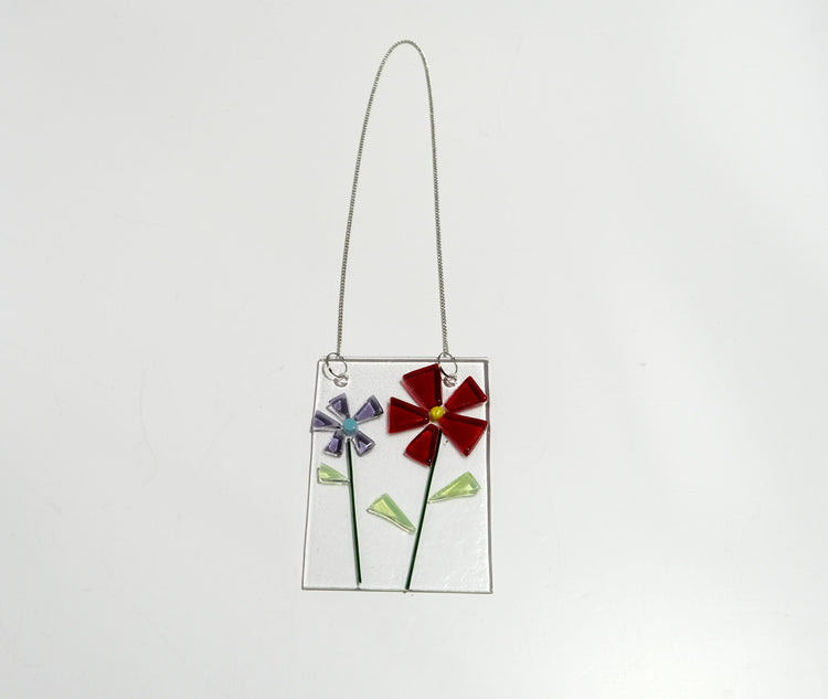 Charming Simple twin flower fused glass suncatcher, 3 x 4 inches, red, purple, green, handmade on chain seeds glassworks seedsglassworks