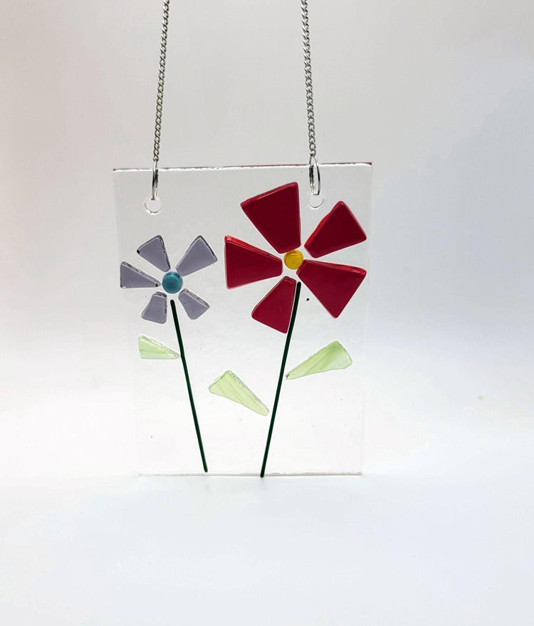 Charming Simple twin flower fused glass suncatcher, 3 x 4 inches, red, purple, green, handmade on chain seeds glassworks seedsglassworks