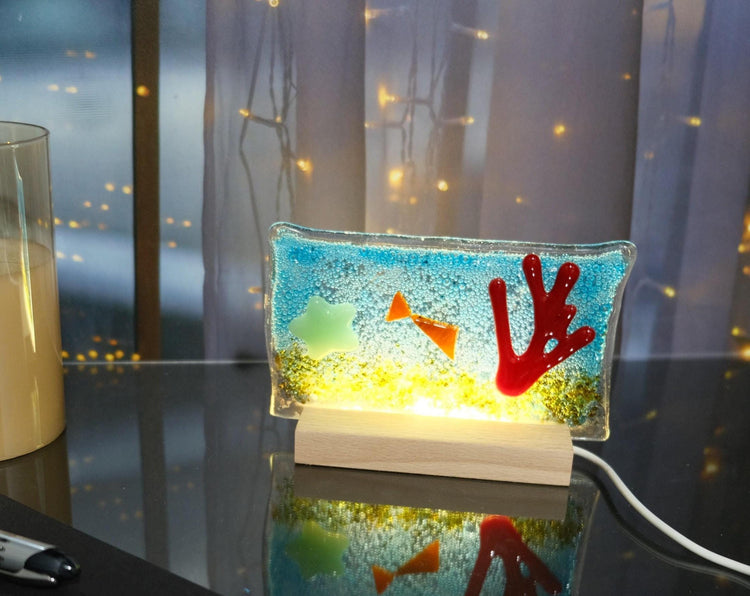 Fish Tank inspired fused glass desktop art panel on wood frame, lights up with LED lights, 5 x 4 inches seeds glassworks seedsglassworks