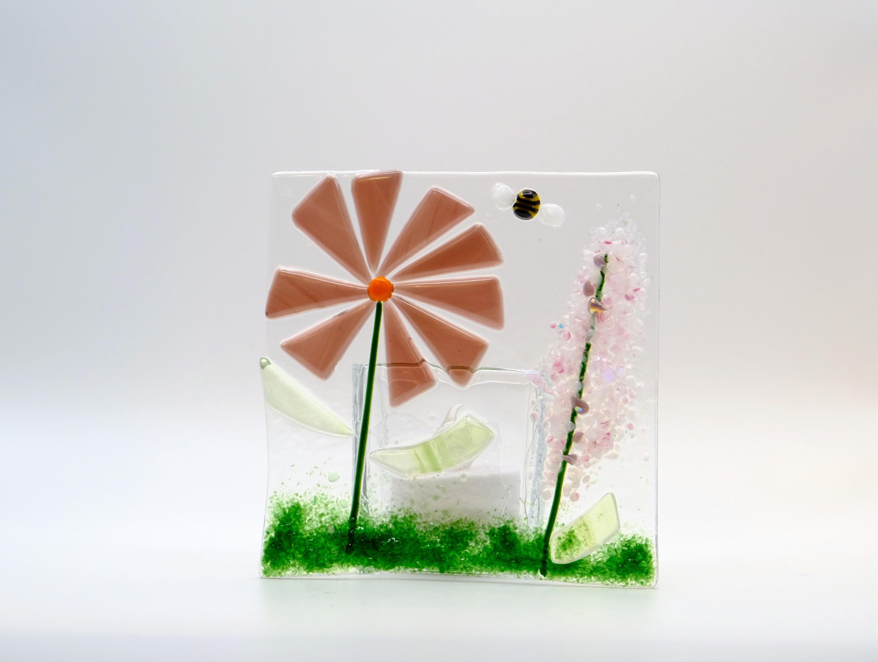 Handmade Purple Flowers fused glass tea light candle holder seeds glassworks