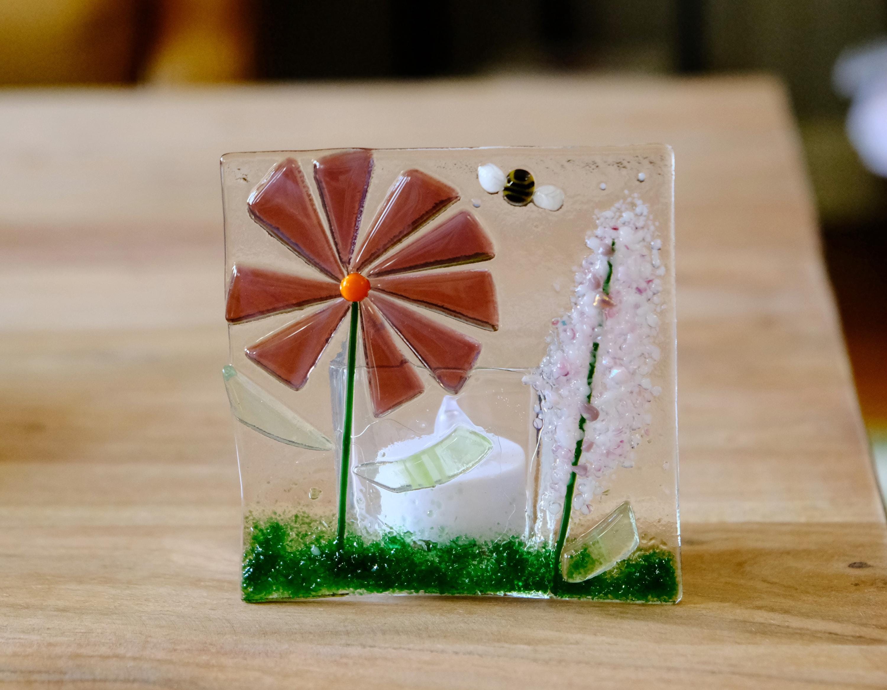 Handmade Purple Flowers fused glass tea light candle holder seeds glassworks