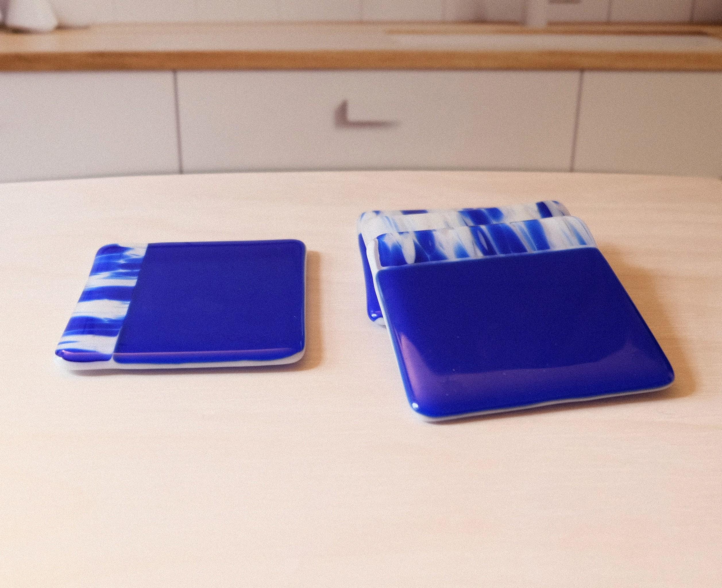 Blue and White Swirl Boarder fused glass coasters (set of 4)