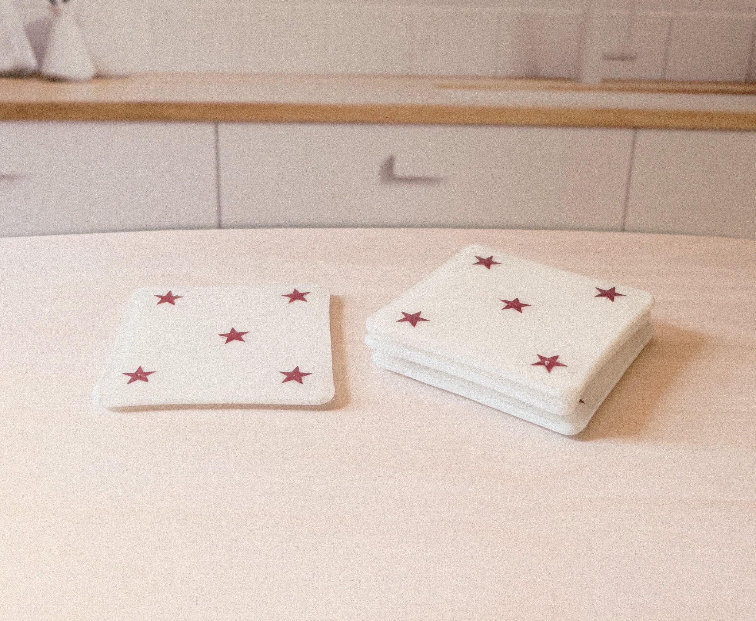 Set of 4 White Fused Glass Coasters with Copper Stars - Patriotic Vibe