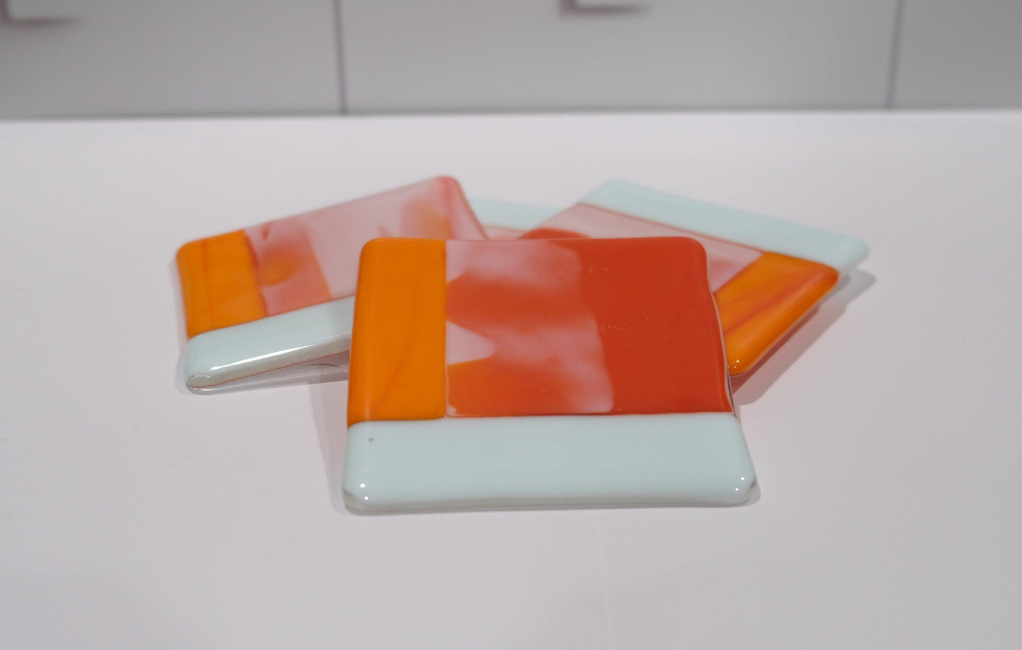 Orange/White/Red swirl fused glass drink coaster, set of 4, handmade, housewarming gift, home décor