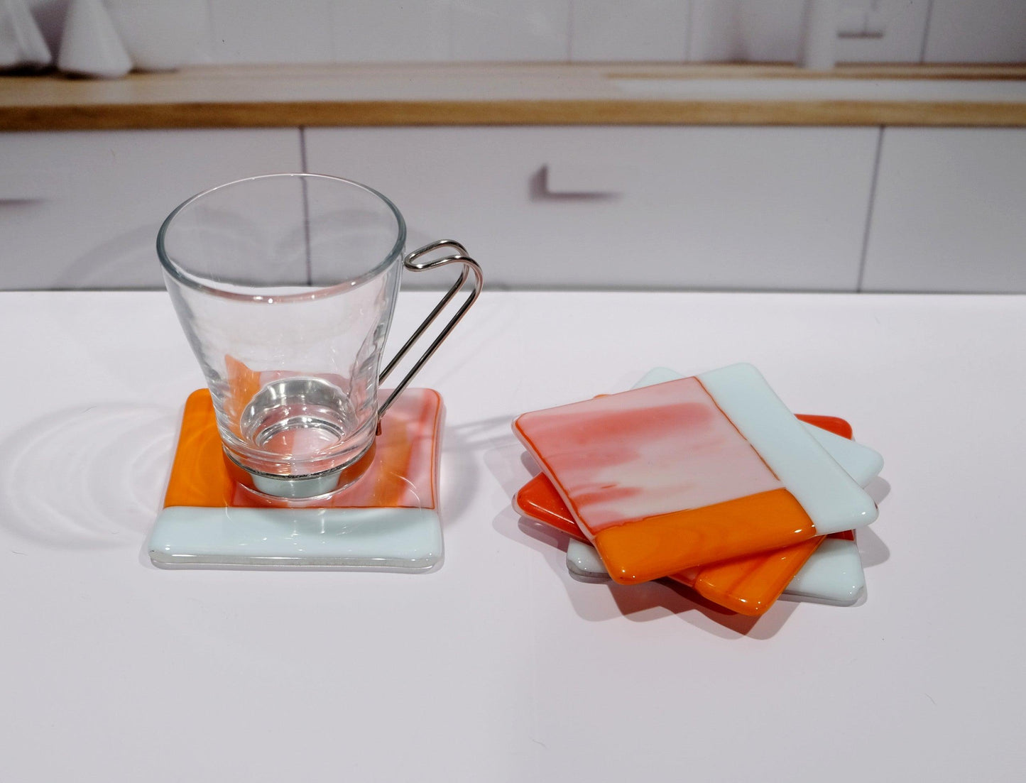 Orange/White/Red swirl fused glass drink coaster, set of 4, handmade, housewarming gift, home décor