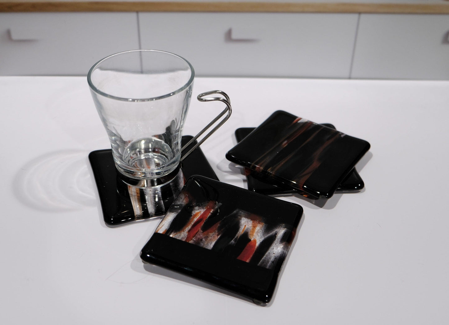 Black Red and Clear fused glass drink coaster, set of 4