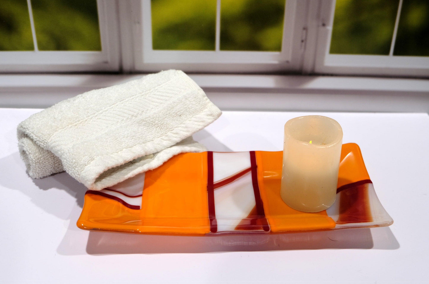 Fused glass serving plate dish tray, 10 x 5 inch, Red, orange, white, geometric pattern , home decor decoration