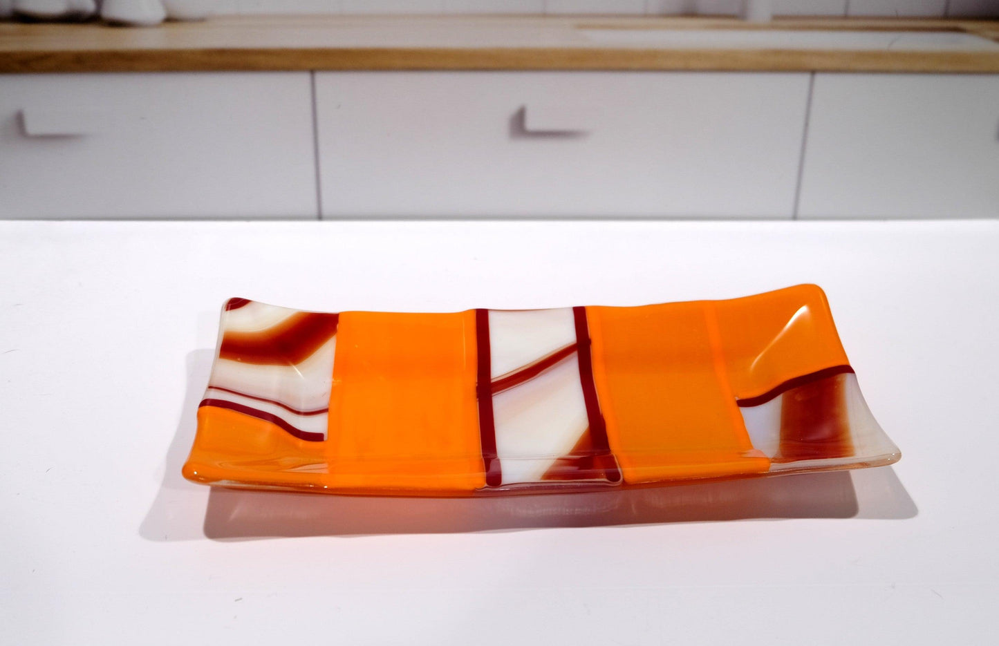 Fused glass serving plate dish tray, 10 x 5 inch, Red, orange, white, geometric pattern , home decor decoration