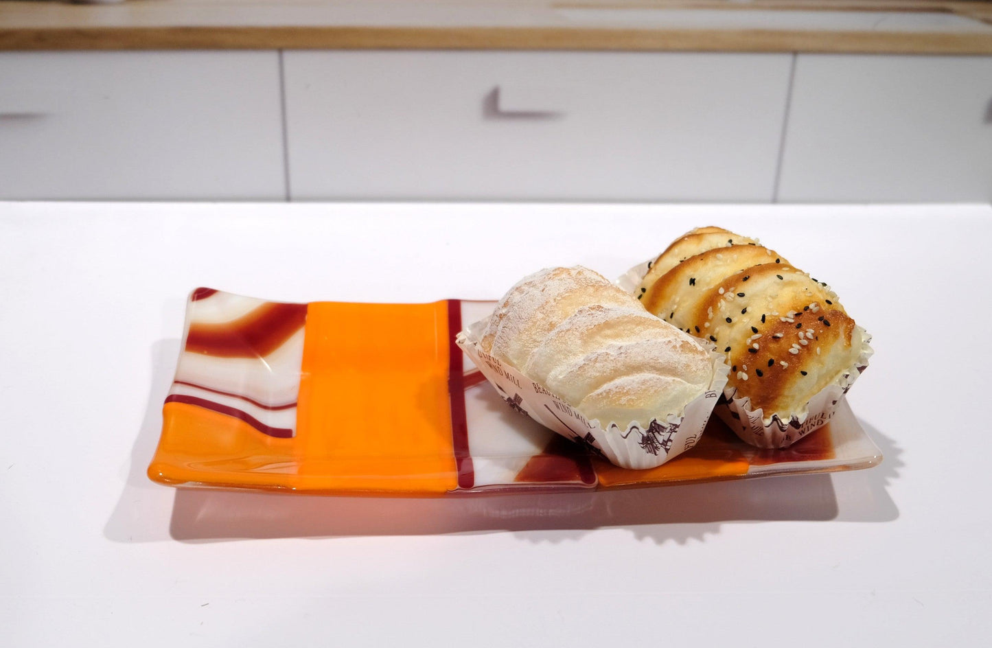 Fused glass serving plate dish tray, 10 x 5 inch, Red, orange, white, geometric pattern , home decor decoration