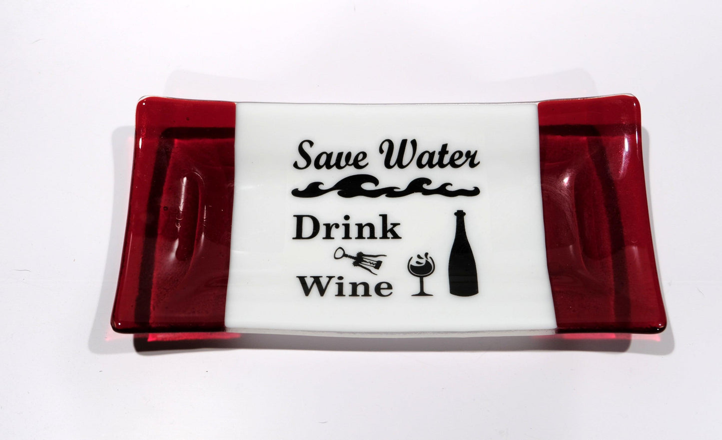 Wine Lover serving plate fused glass 10 inches, red and white
