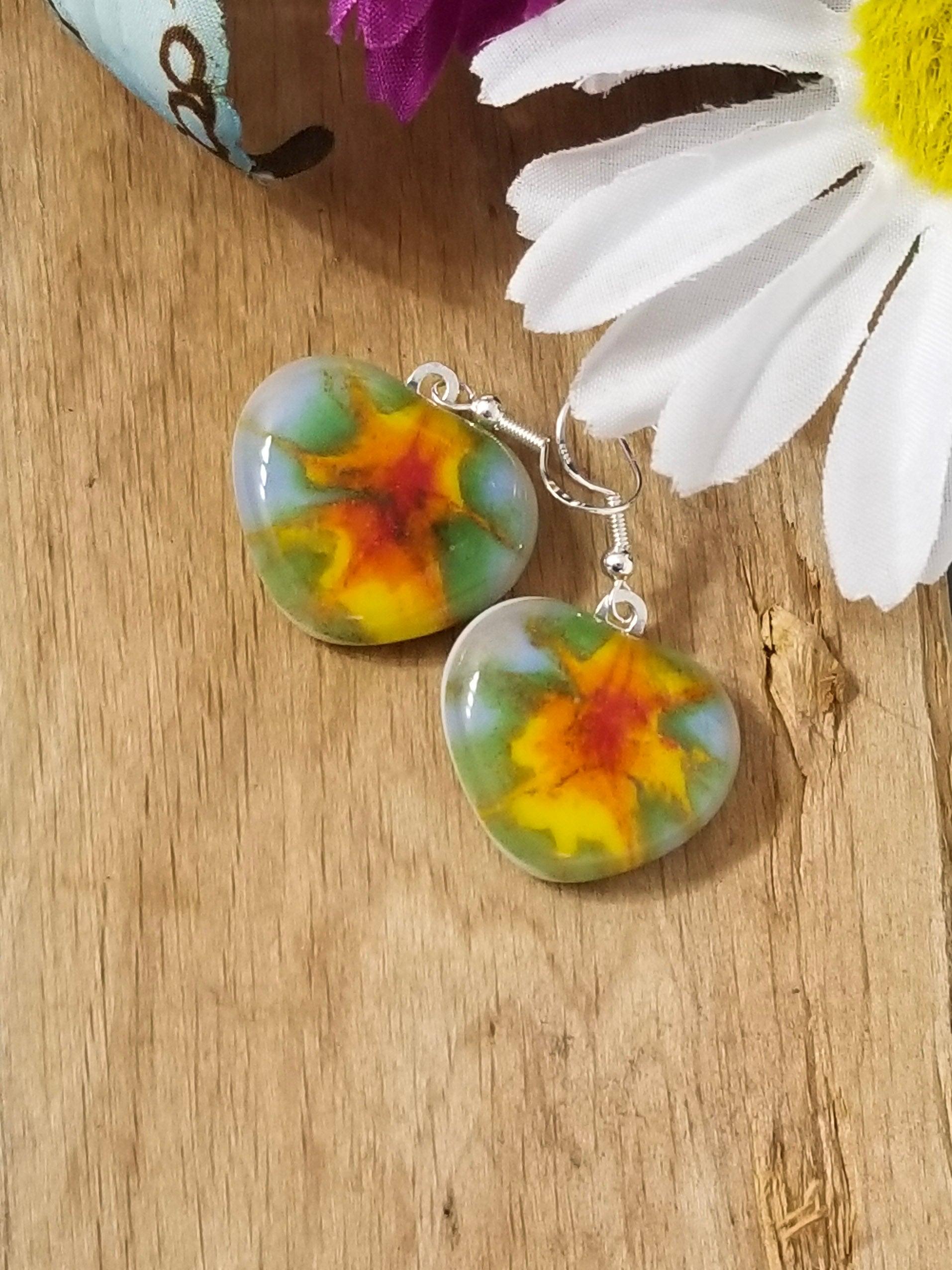 heart shaped tie dye look pierced earrings Heart shaped Tie Dye look pierced earrings-fused glass Seeds Glassworks