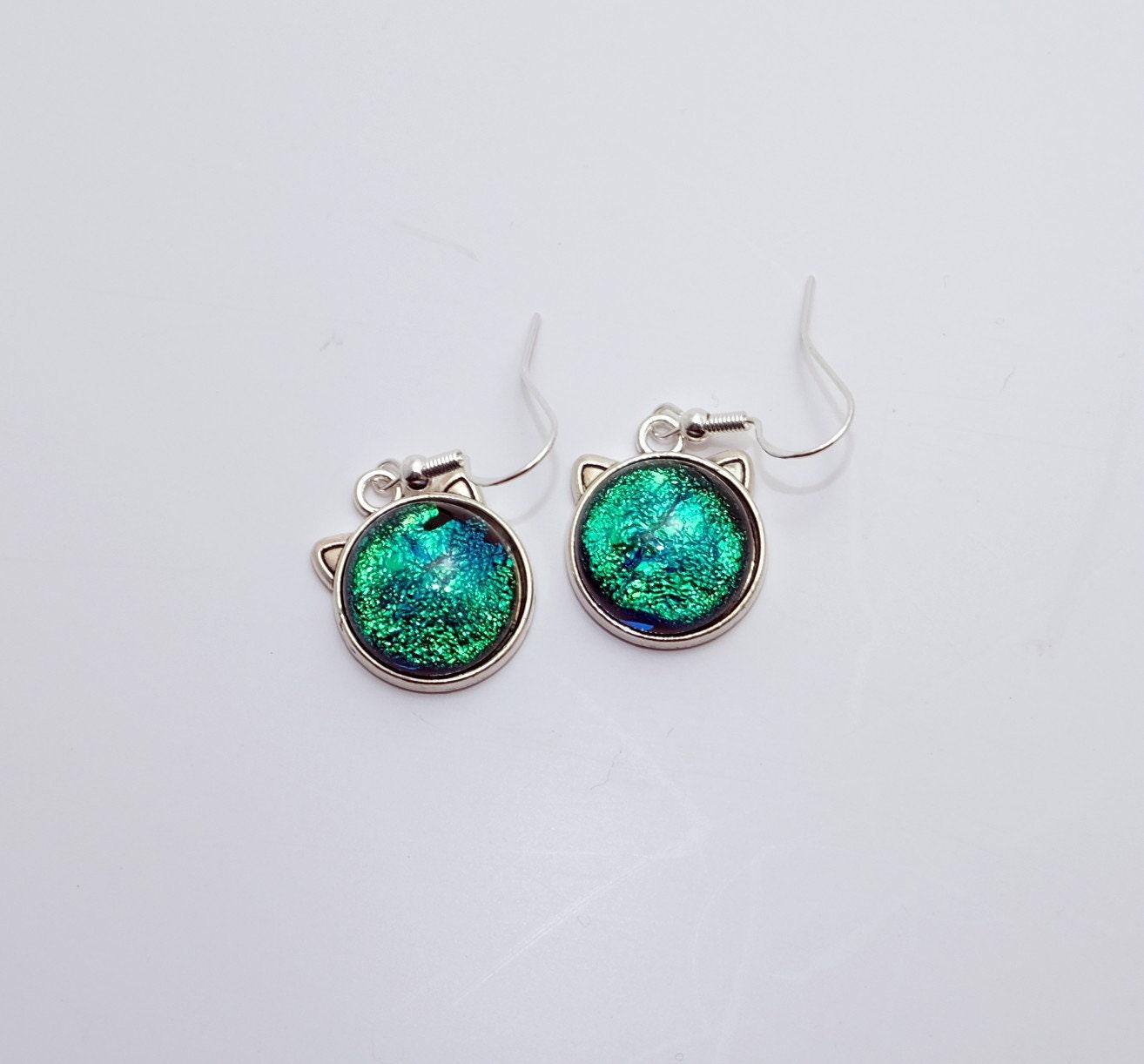 Whimsical Cat Head Shaped pierced Earrings - silver Tone with Green Dichroic Glass seedsglassworks seeds glassworks
