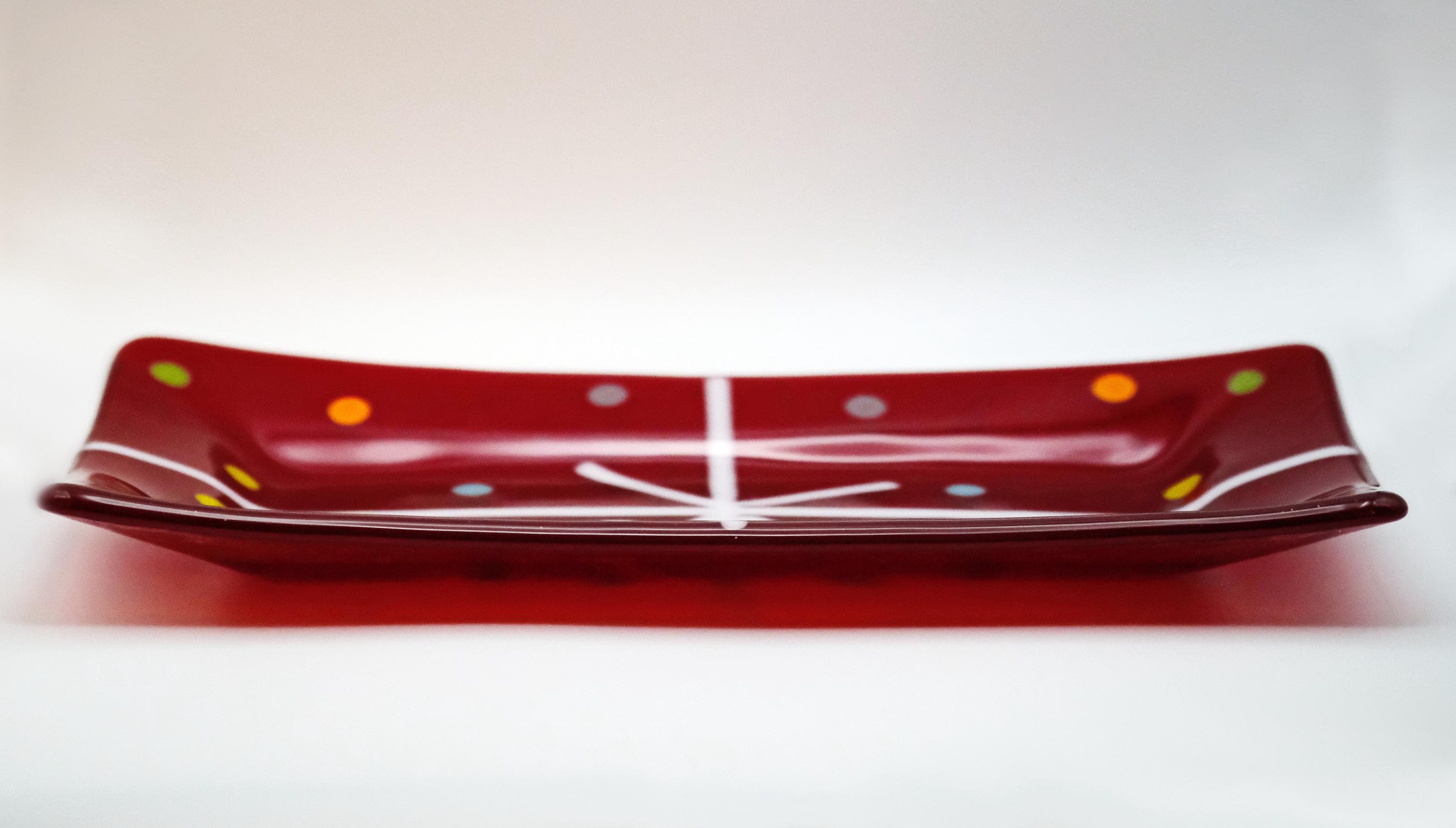 Handcrafted clear red Christmas present looking Fused Glass Serving Plate10 Inch by 5 inch . housewarming, wedding, couple's unique gift
