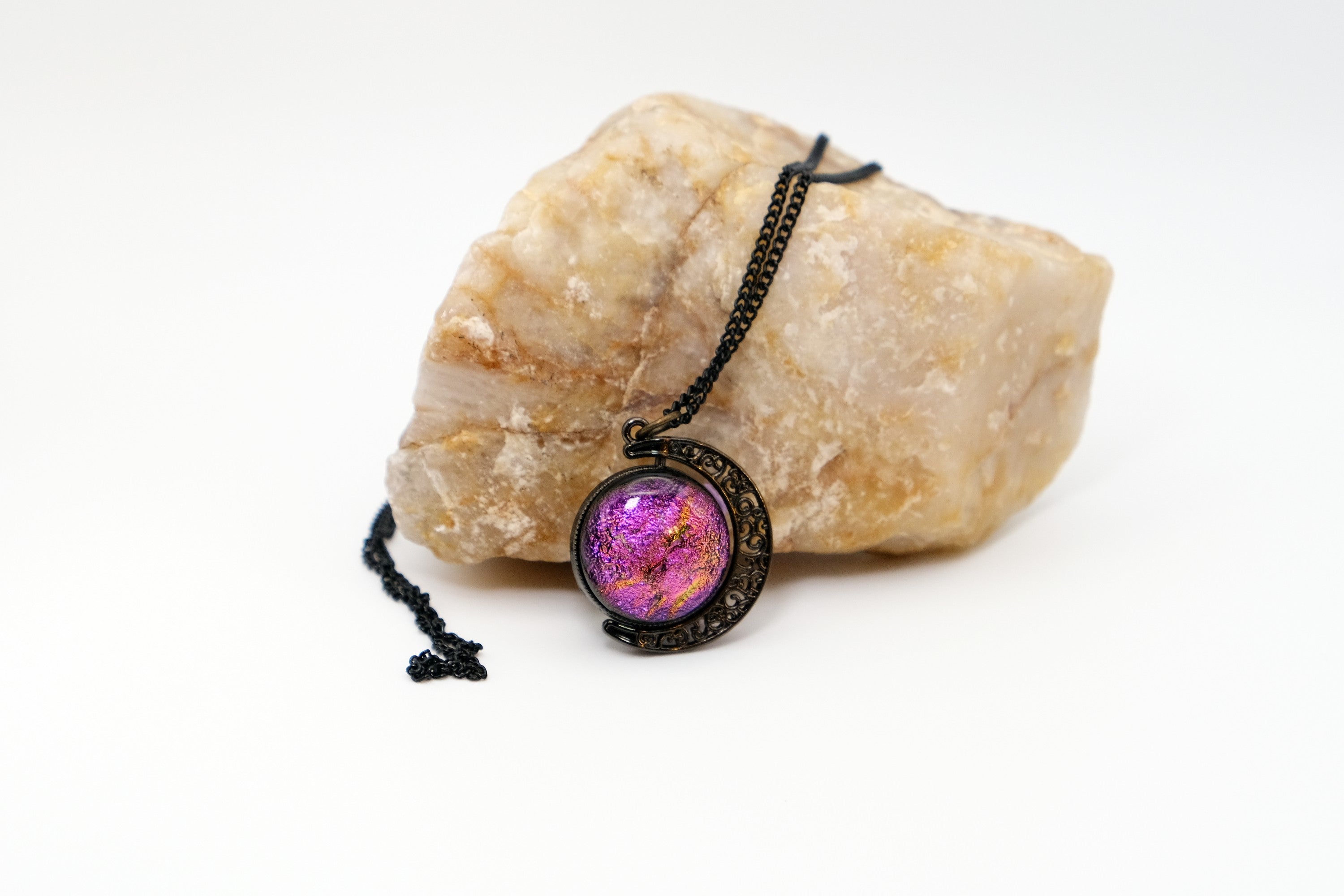 Double Sided Crescent Moon Celestial Pendant Necklace Purple and Green Dichroic Fused Glass Spinner on 20 inch chain