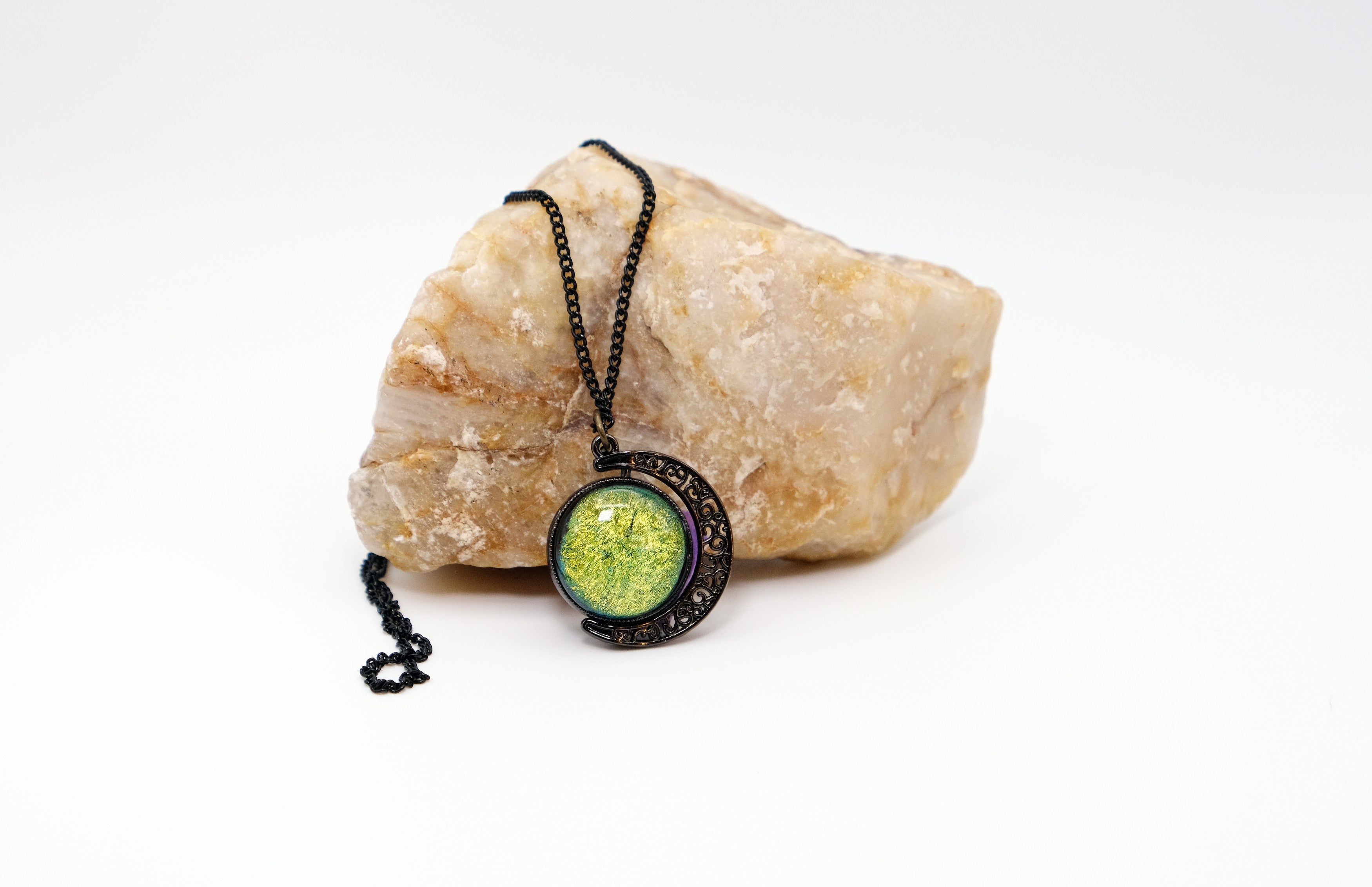 Double Sided Crescent Moon Celestial Pendant Necklace Purple and Green Dichroic Fused Glass Spinner on 20 inch chain