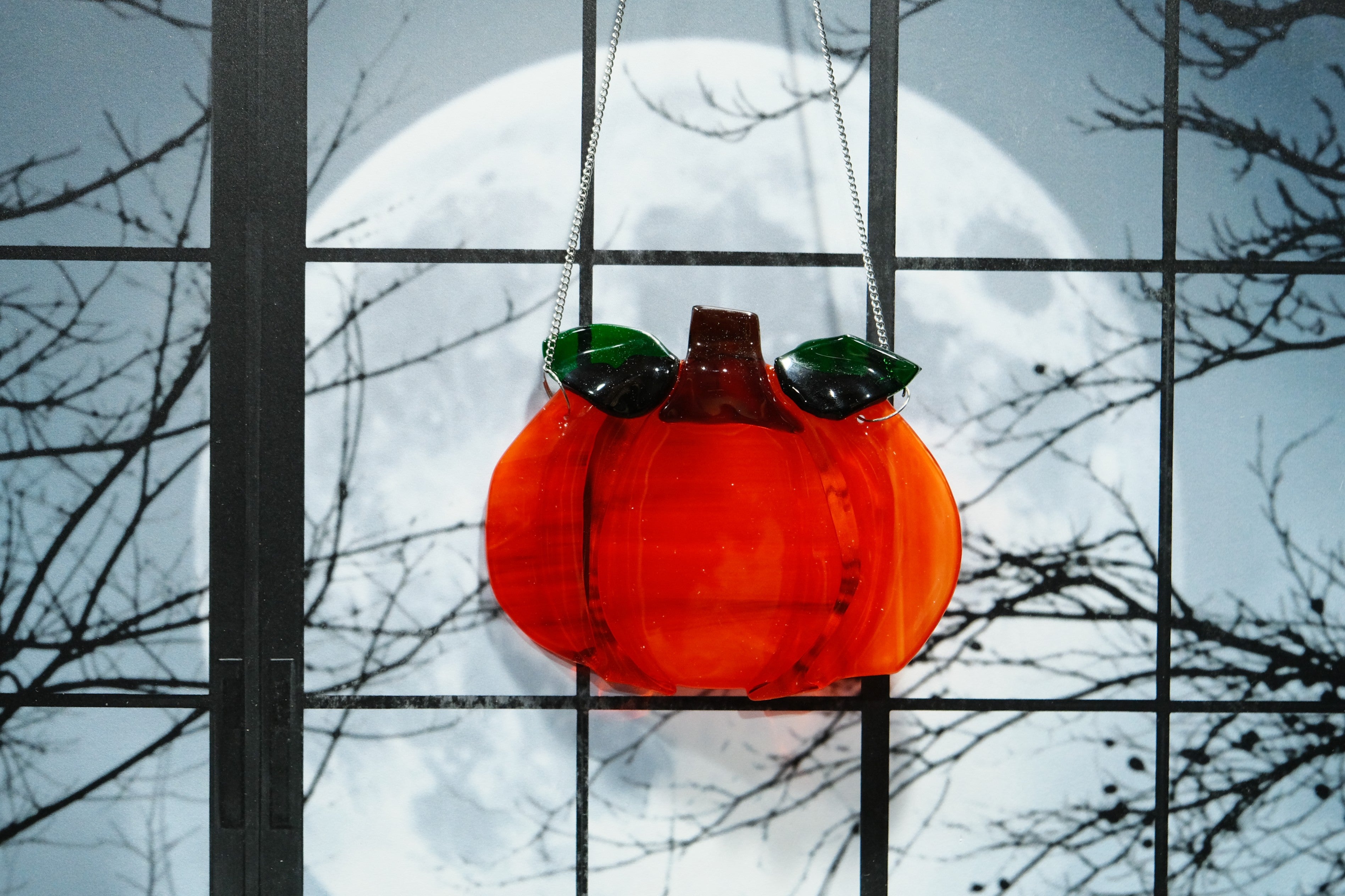 Orange Pumpkin suncatcher, fused glass on a 7 inch steel hanging chain seedsglassworks, Seeds Glassworks