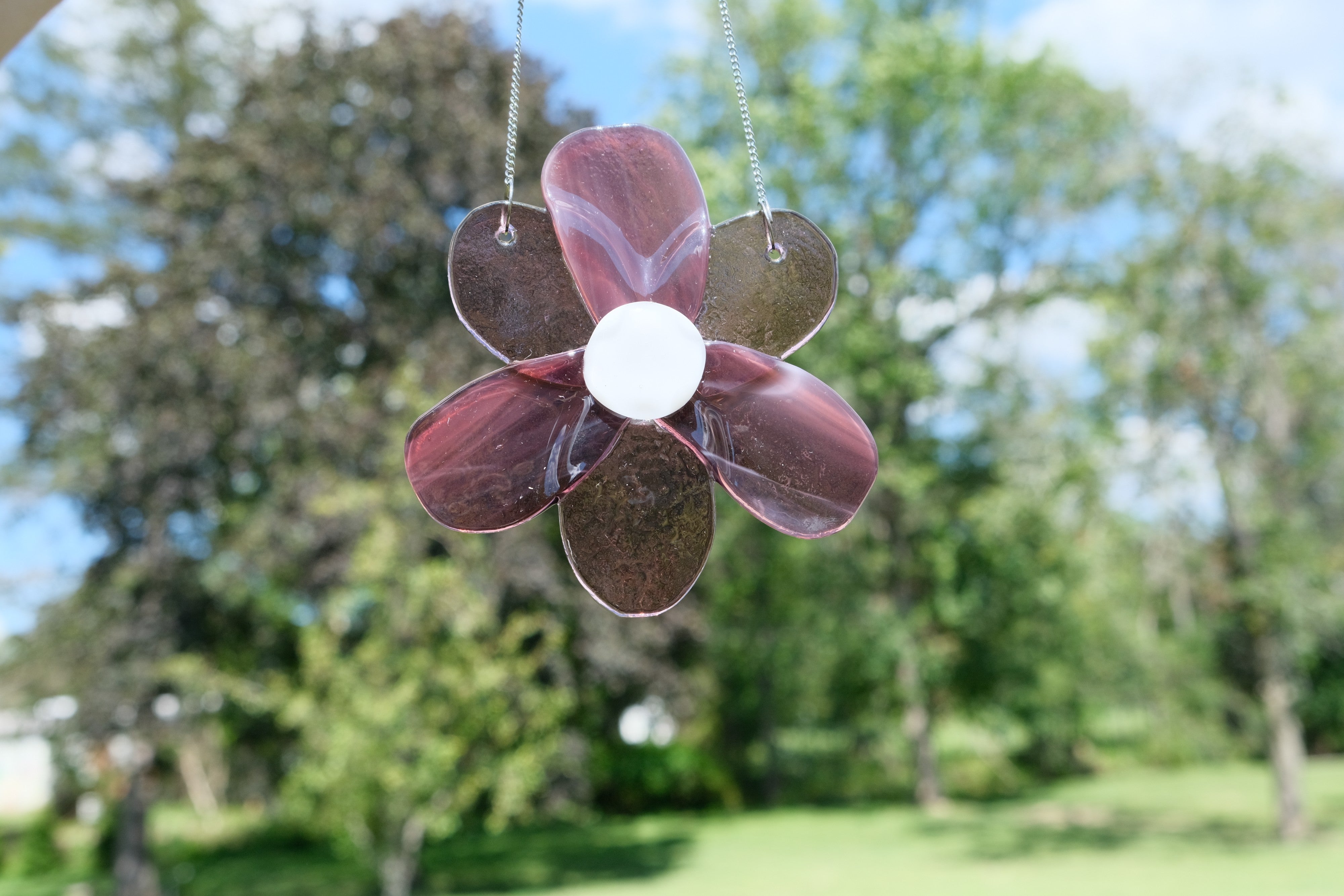 Handmade Clear Purple Flower Suncatcher on a steel chain - Fused Glass, 4 Inches seedsglassworks, seeds glassworks