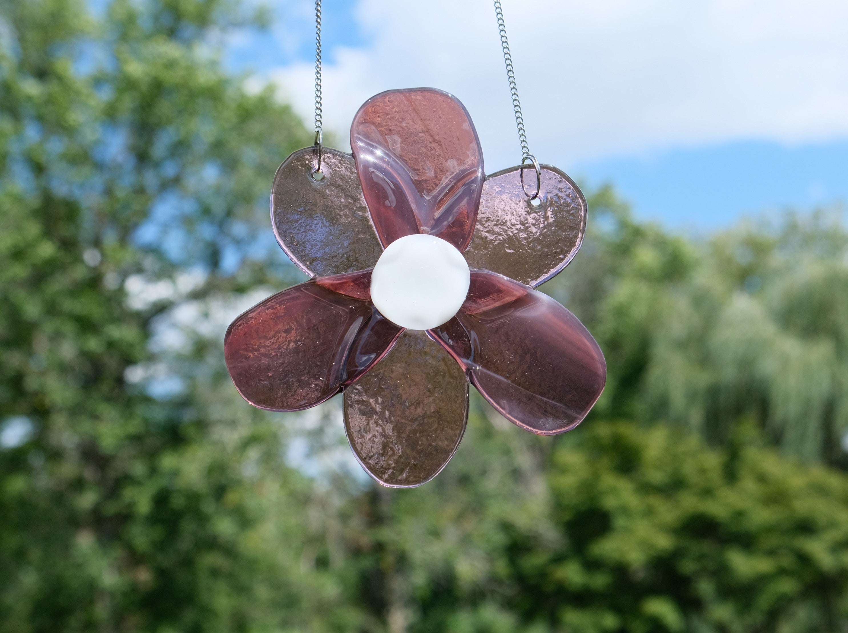 Handmade Clear Purple Flower Suncatcher on a steel chain - Fused Glass, 4 Inches seedsglassworks, seeds glassworks