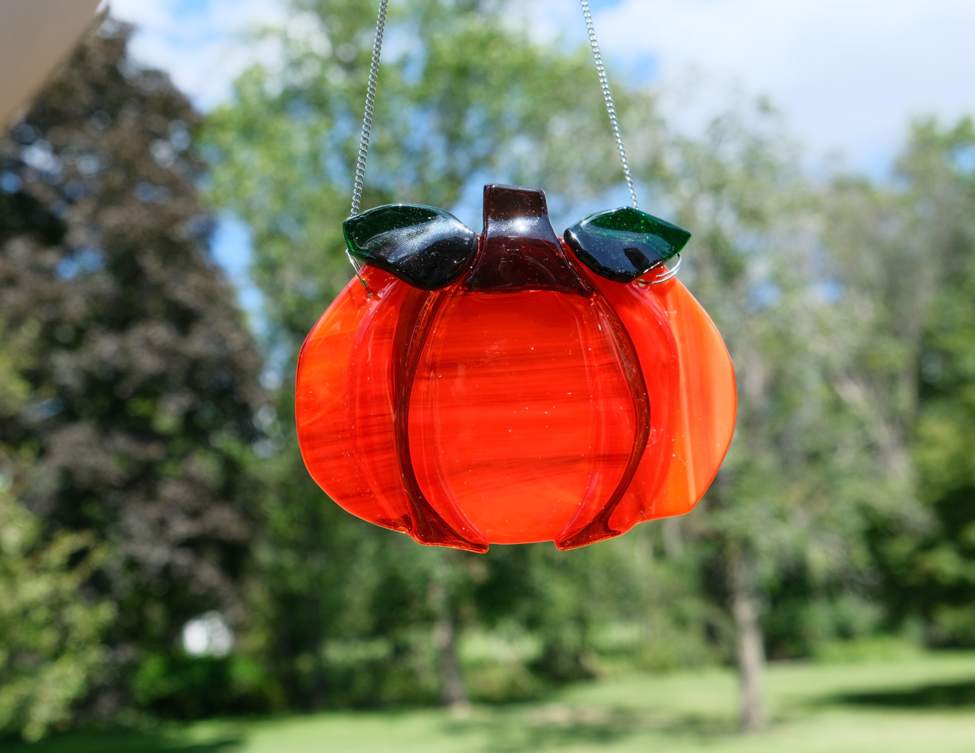 Orange Pumpkin suncatcher, fused glass on a 7 inch steel hanging chain seedsglassworks, Seeds Glassworks