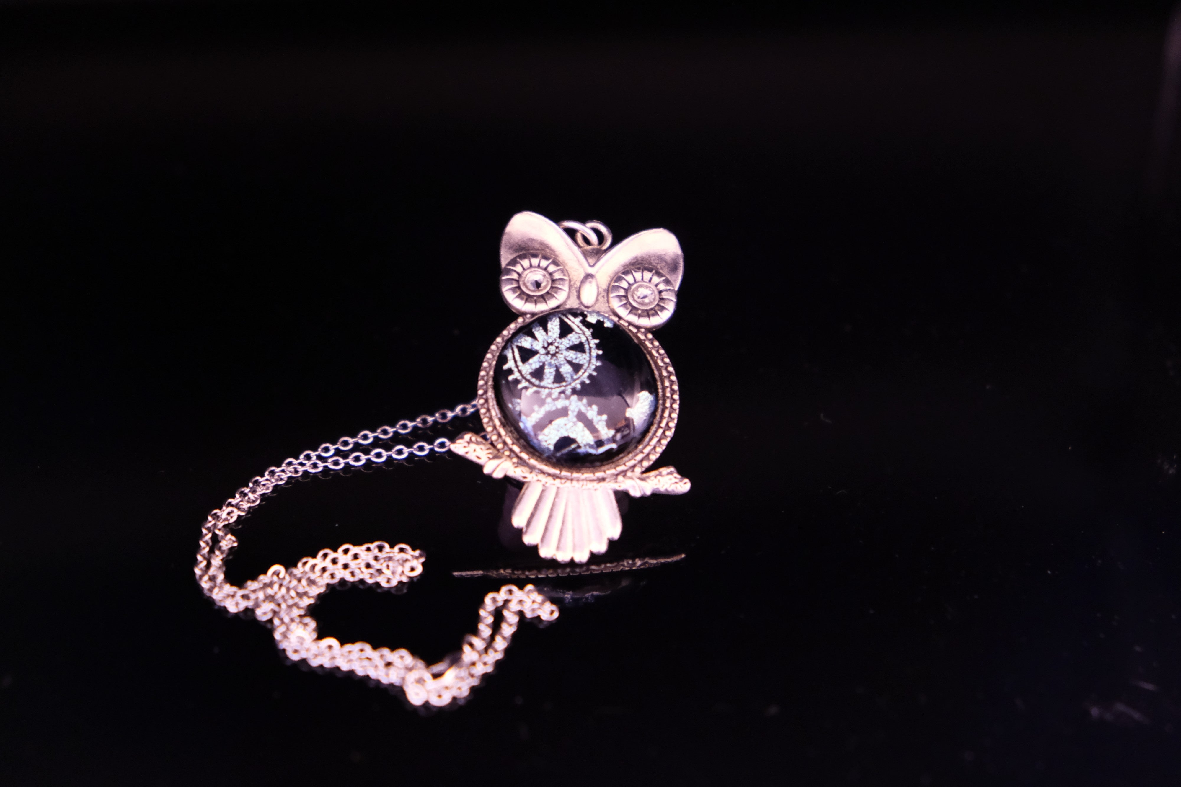 Owl-shaped pendant with chain on a black background