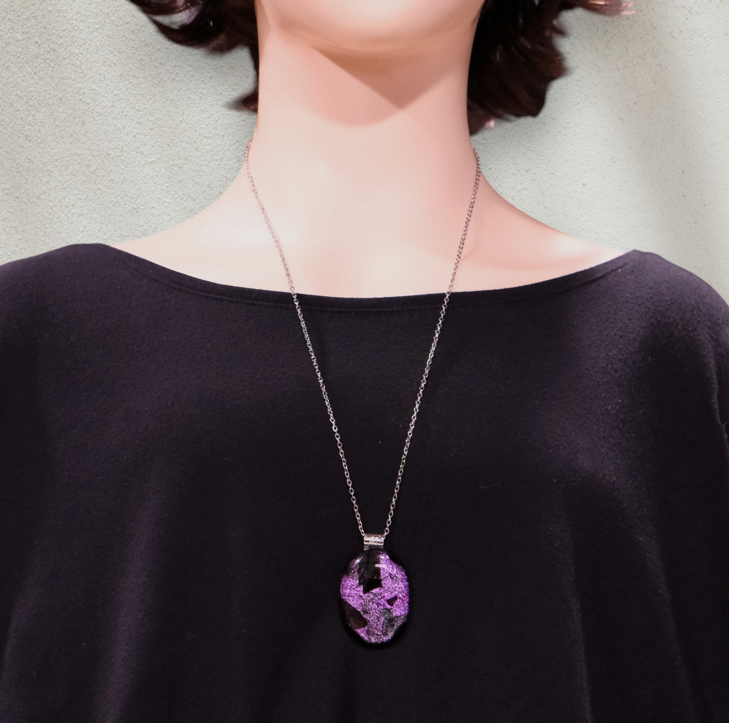 Sparkling Unique Dichroic Purple Black and green fused glass statement pendant necklace on 24 inch chain. 1.75 x 1 inch pendant