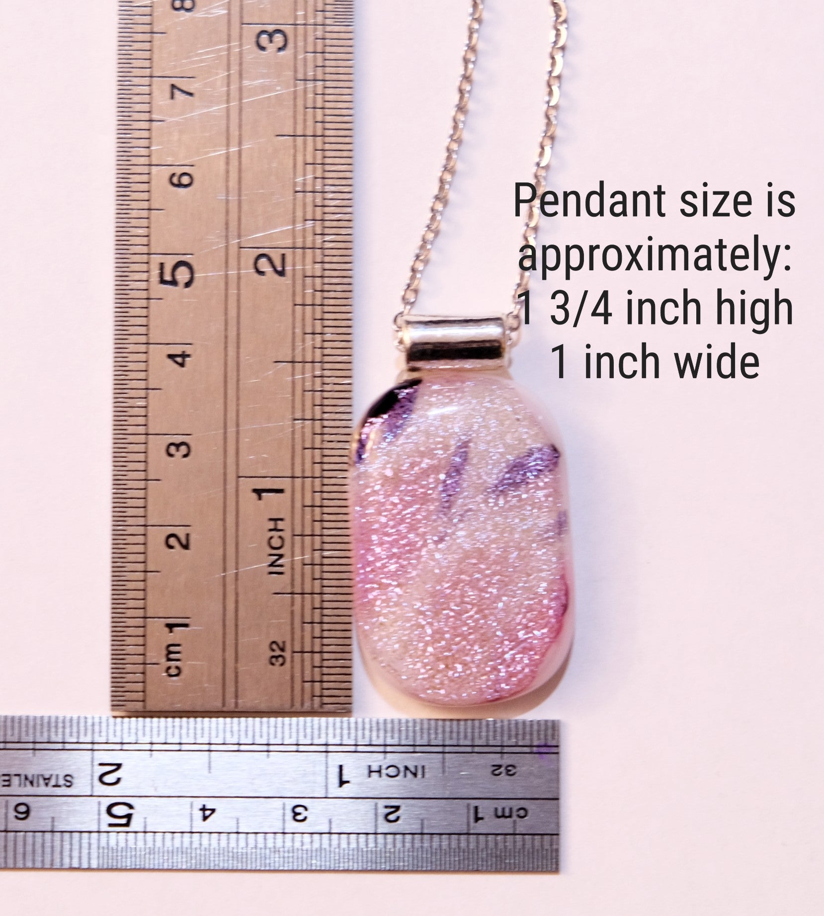 Sparkly Purple Pink White Dichroic Glass Pendant Necklace, Statement Jewelry on 24 inch chain , 1.75 X 1 inch pendant, silver tone bail