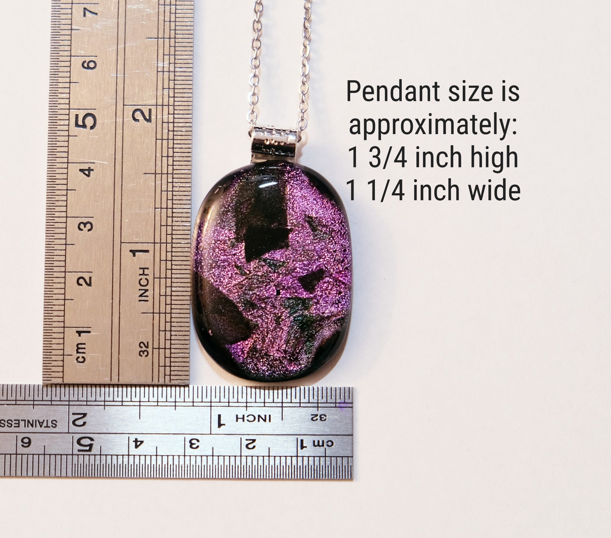 Sparkling Unique Dichroic Purple Black and green fused glass statement pendant necklace on 24 inch chain. 1.75 x 1 inch pendant