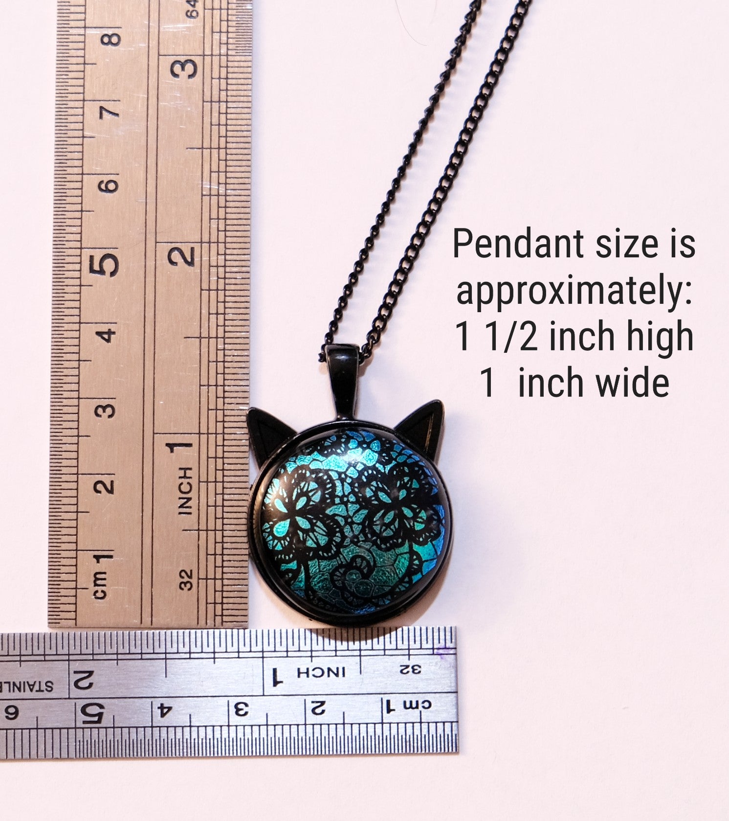 Magical Black Cat Pendant Necklace with Blue and Black satin finish lace look Dichroic Glass Center Stone on 20 in black chain