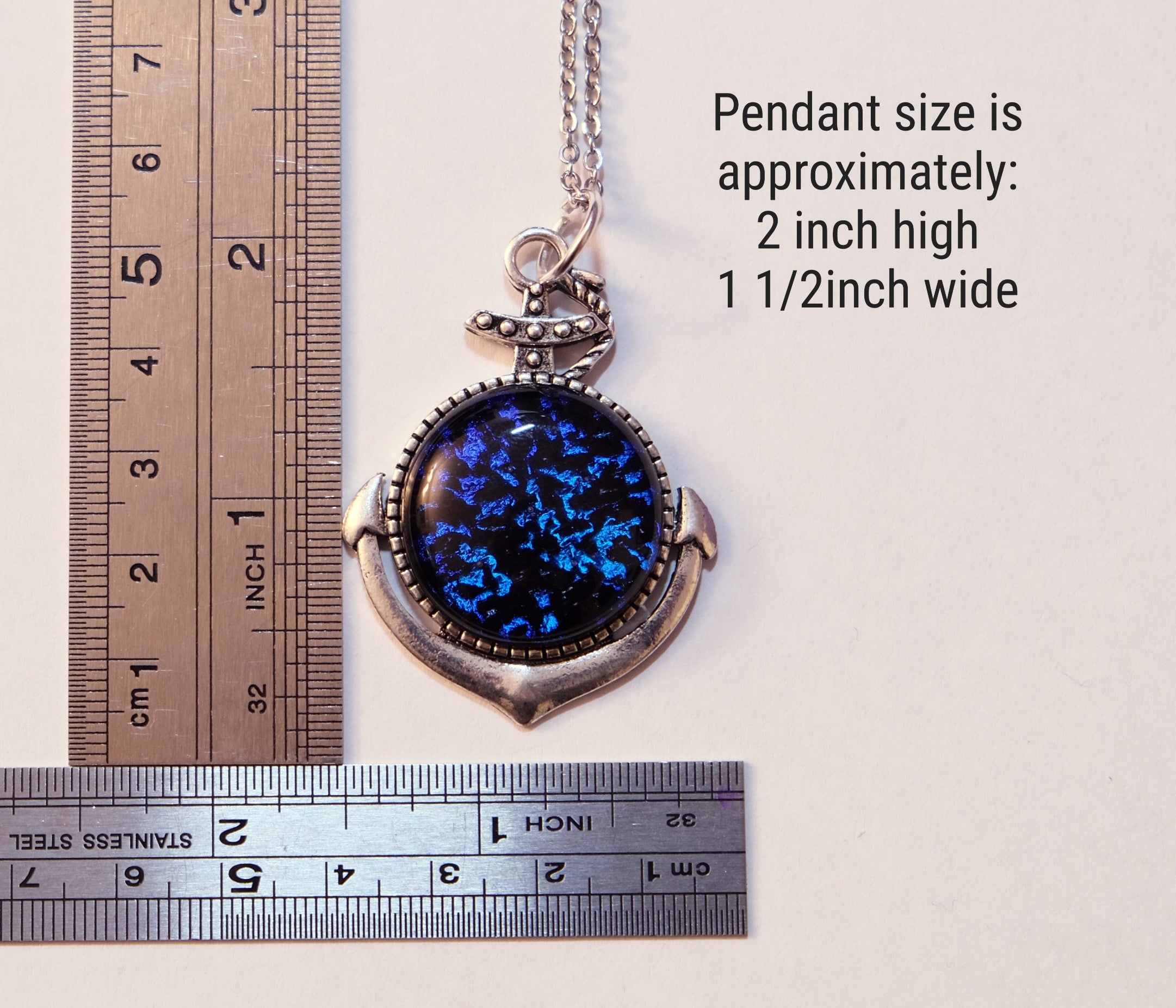 Silver Anchor pendant necklace, with blue and black sparkling dichroic fused glass center stone on a 20 inch steel chain