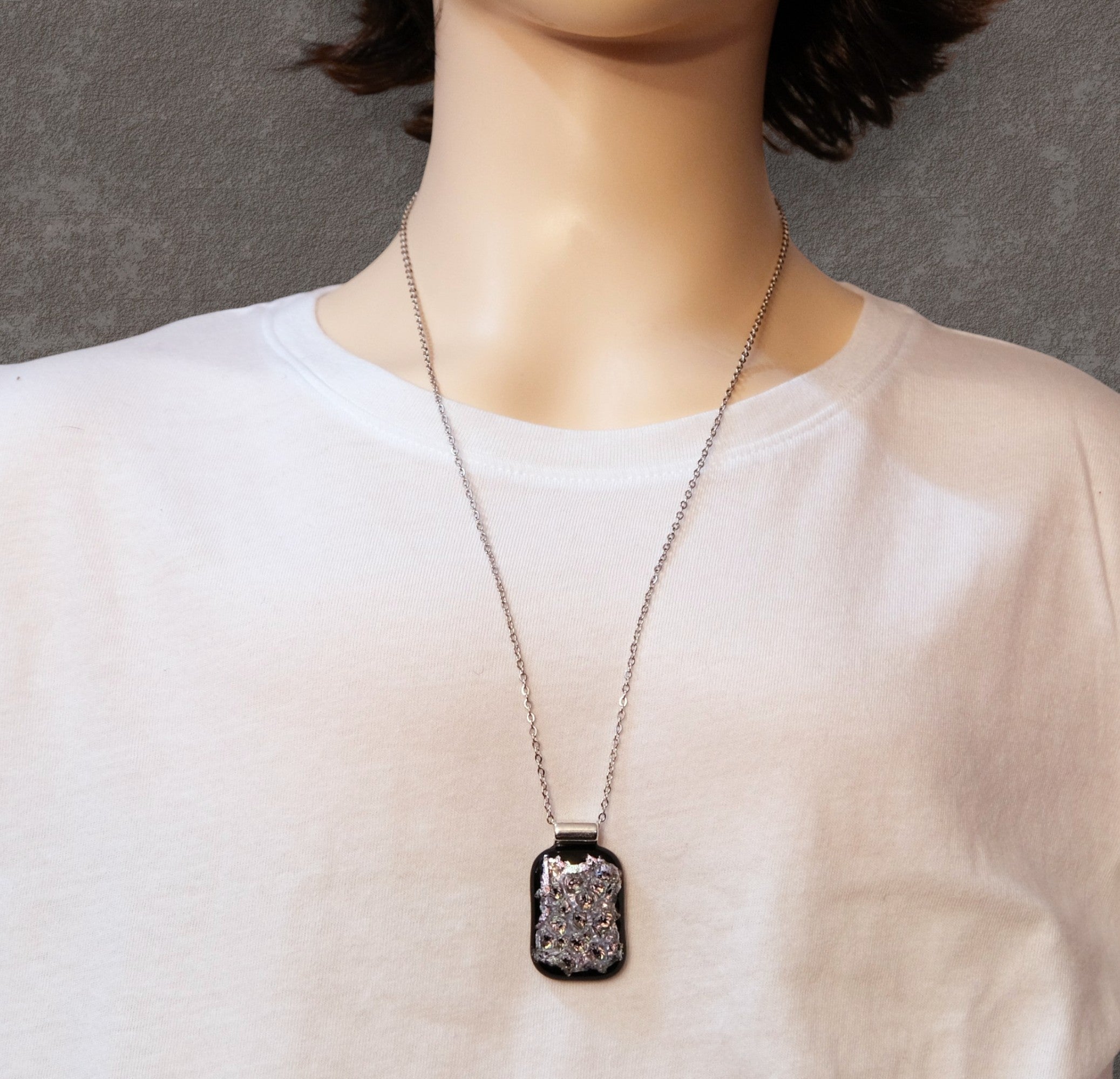 Dazzling Dichroic Rainbow-Silver "bubble look" fused glass statement pendant necklace on 24 inch chain. 1.5 x 1 inch pendant