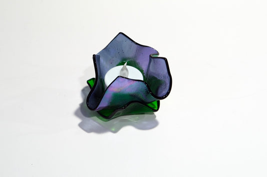 Iridescent Purple Fused Glass Flower look tea light candle holder with battery operated votive candle, mother's day gift, spring home decor seeds glassworks seedsglassworks