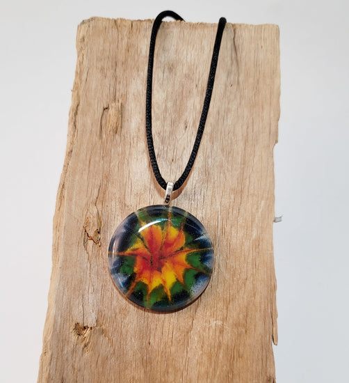 Dark Tie Dye look fused glass Circle pendant necklace jewelry, rainbow color on 20 inch steel chain seeds glassworks seedsglassworks