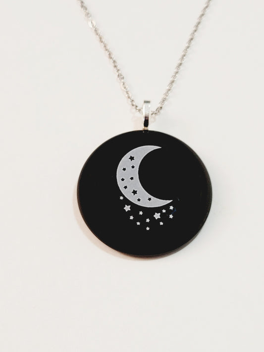 White Stars &  Crescent Moon  black fused glass circle pendant necklace with 20 inch steel chain