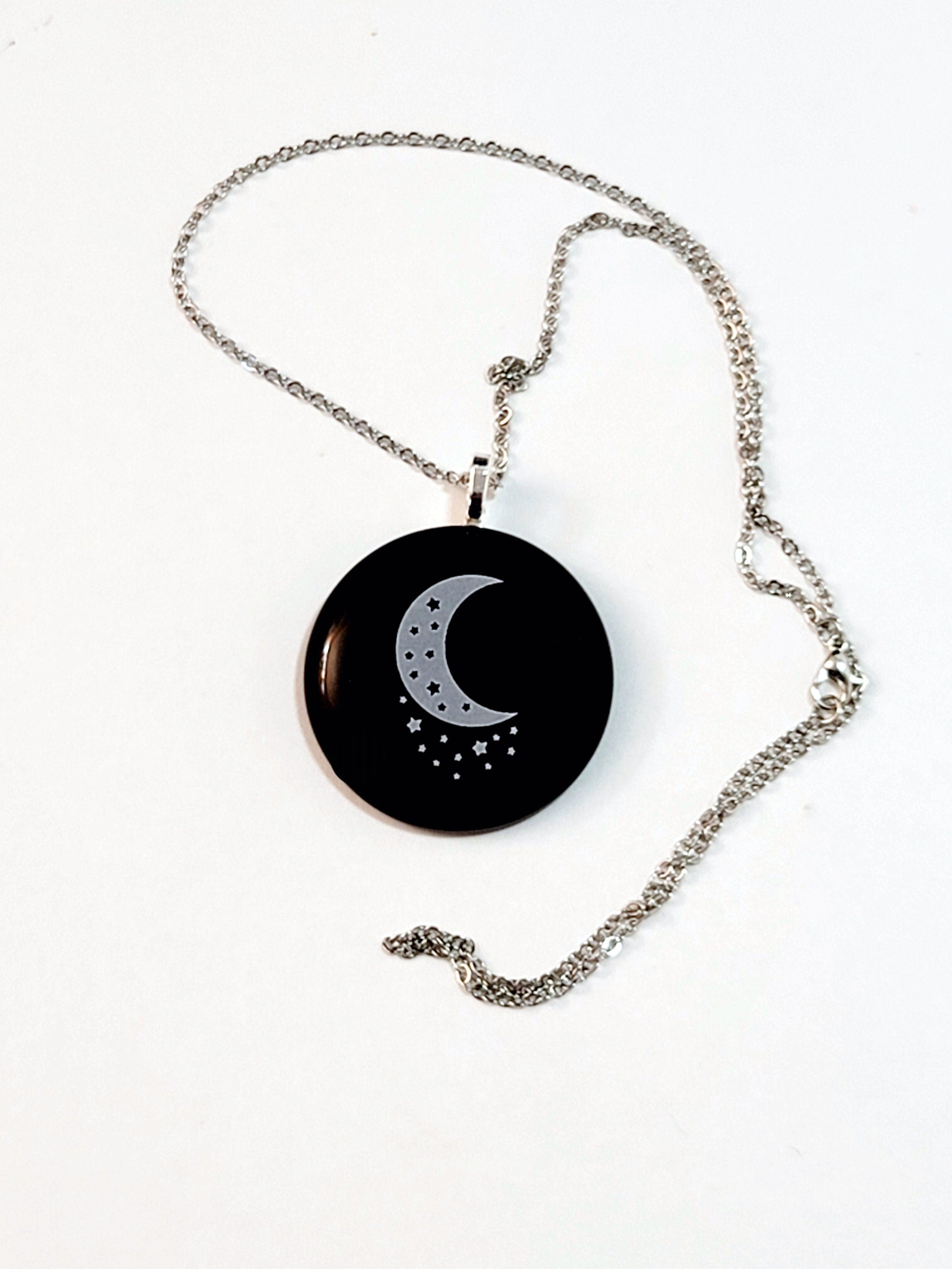 White Stars &  Crescent Moon  black fused glass circle pendant necklace with 20 inch steel chain