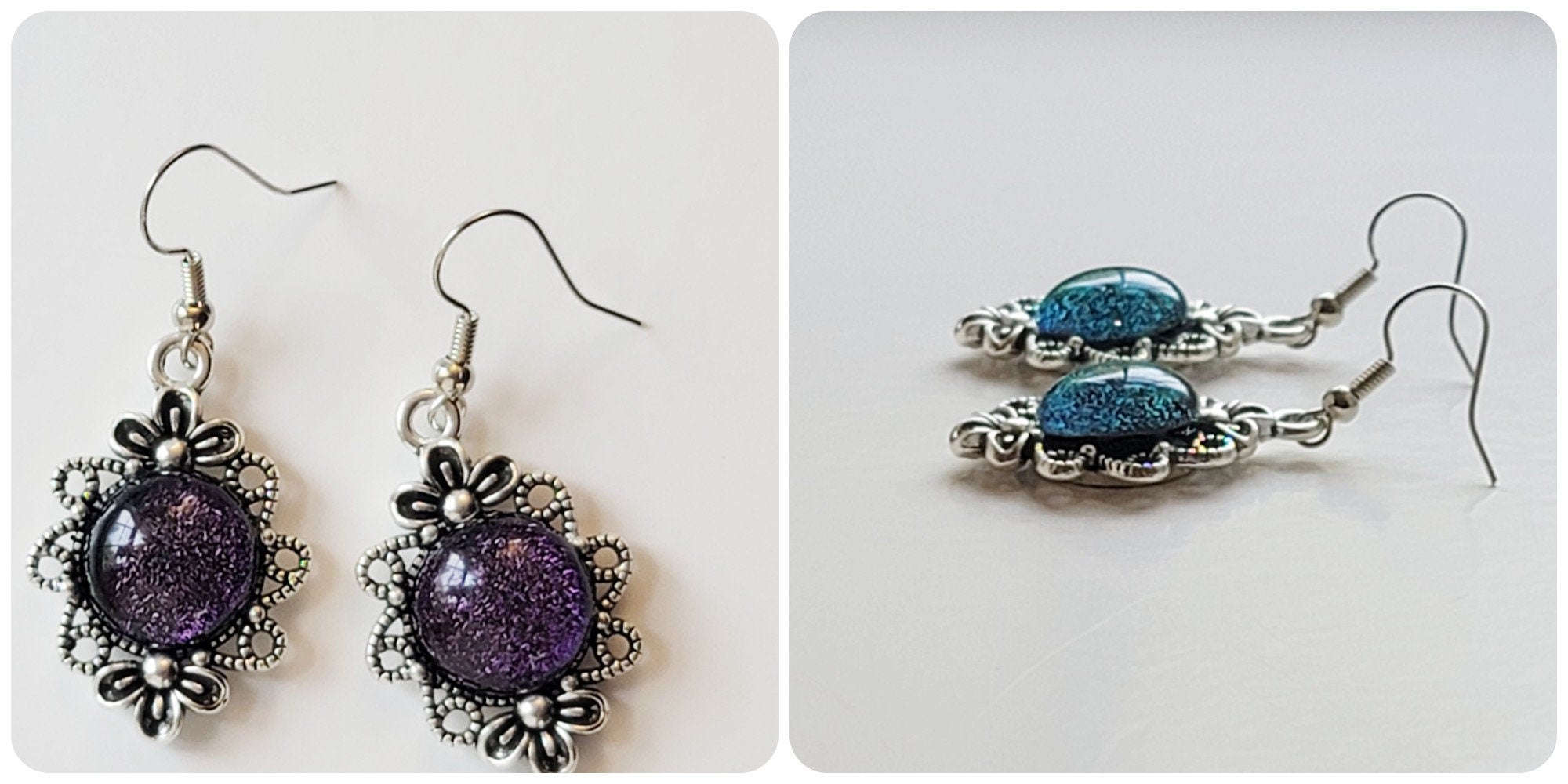 Stunning Handmade Silver Tone Flower Pierced Earrings with Color-Shifting Purple Dichroic Glass Stones seeds glassworks seedsglassworks