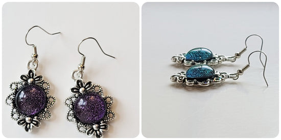 Stunning Handmade Silver Tone Flower Pierced Earrings with Color-Shifting Purple Dichroic Glass Stones seeds glassworks seedsglassworks