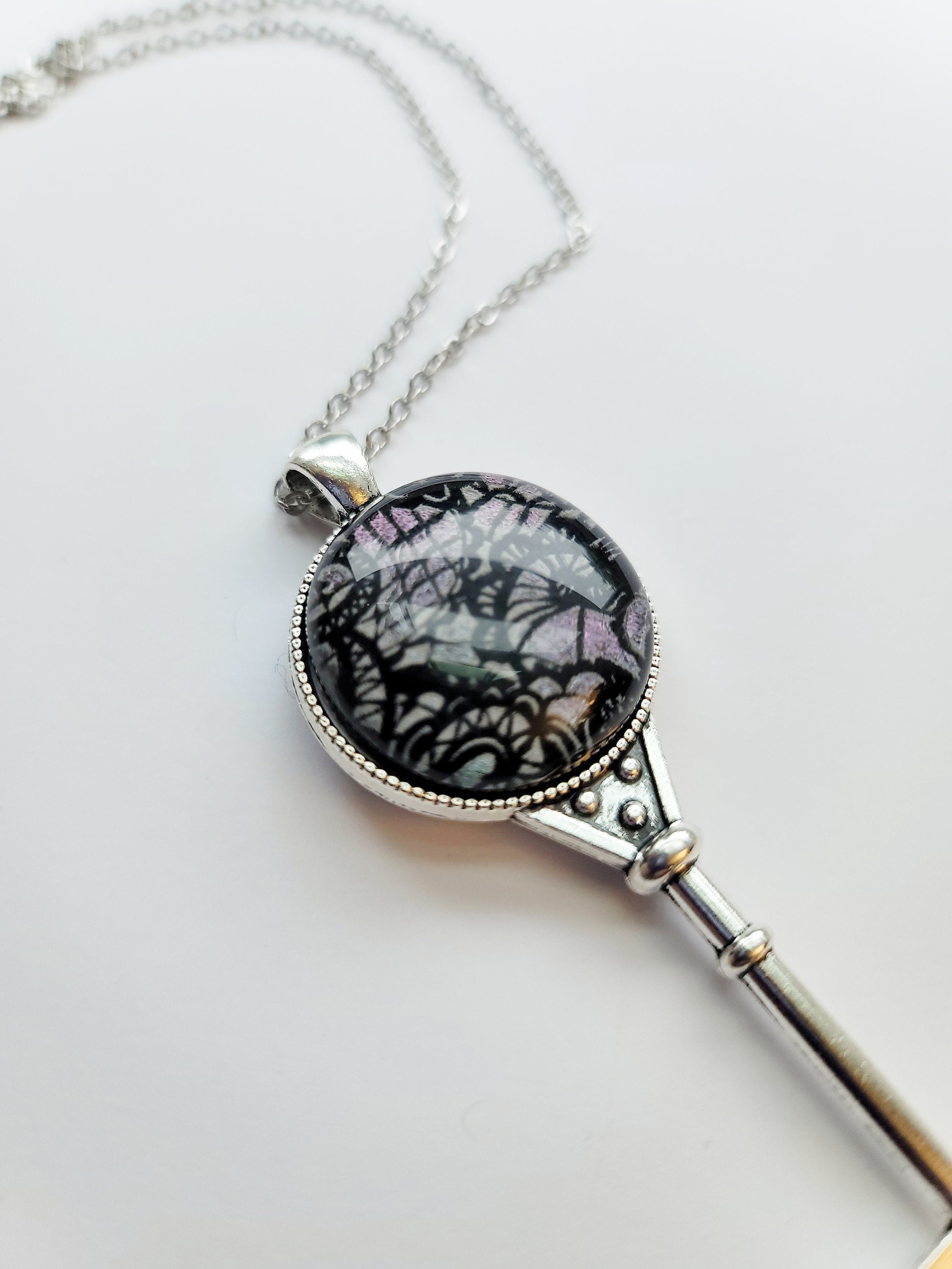 Silver tone Skeleton Key pendant necklace with Fused Glass dark Silver Lace cabochon on 24 inch steel chain jewelry seeds glassworks seedsglassworks