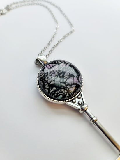 Silver tone Skeleton Key pendant necklace with Fused Glass dark Silver Lace cabochon on 24 inch steel chain jewelry seeds glassworks seedsglassworks