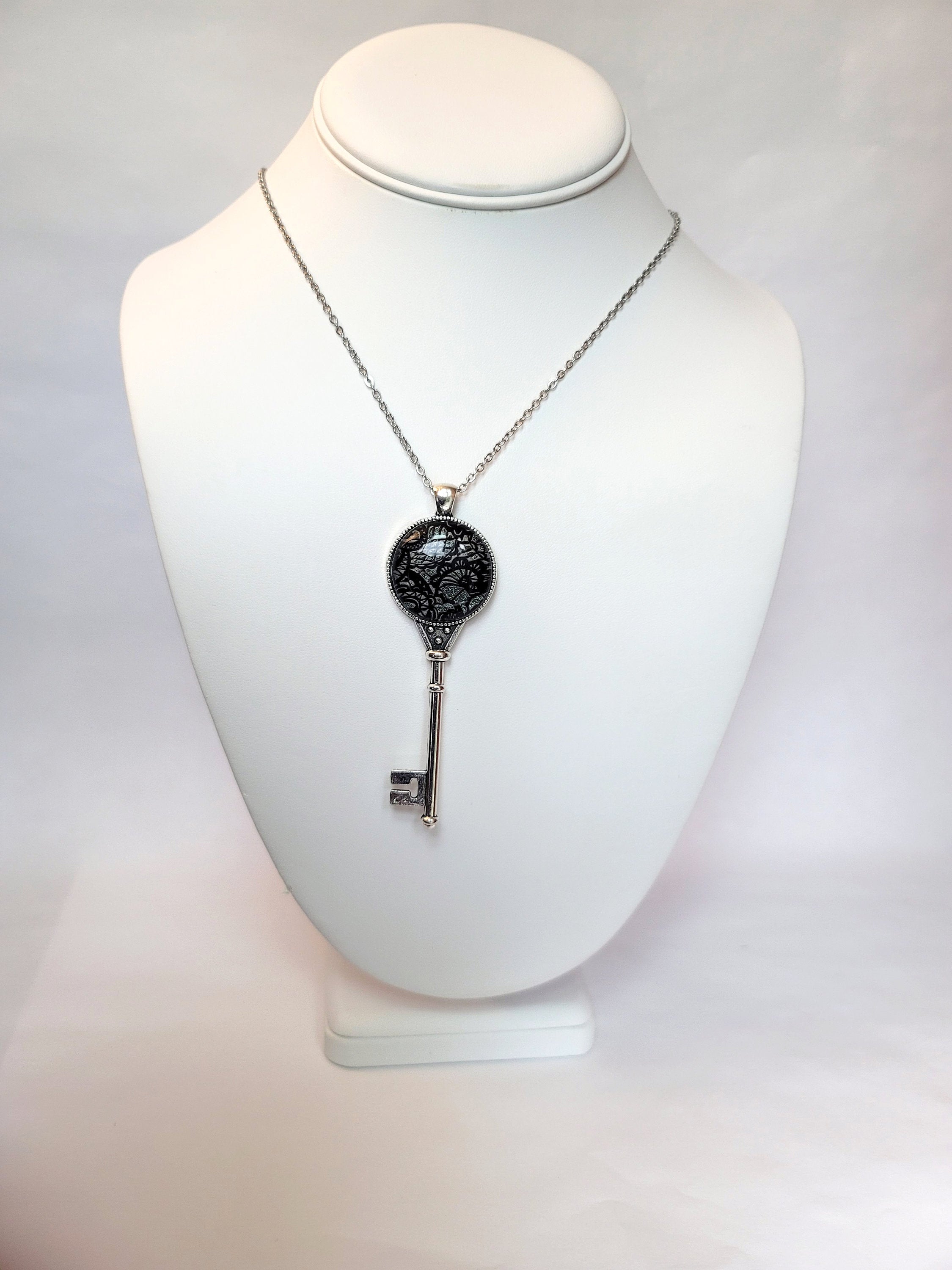 Silver tone Skeleton Key pendant necklace with Fused Glass dark Silver Lace cabochon on 24 inch steel chain jewelry seeds glassworks seedsglassworks
