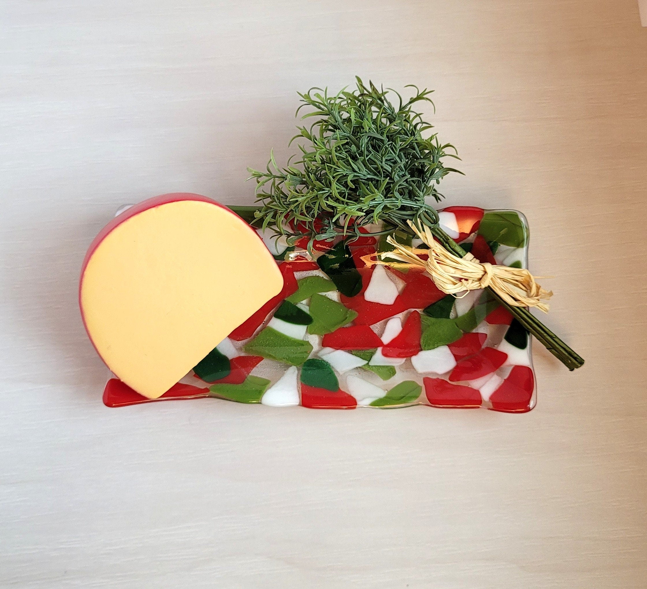 Christmas Green, Red, White and Clear 10x5 inch Fused Glass Platter.