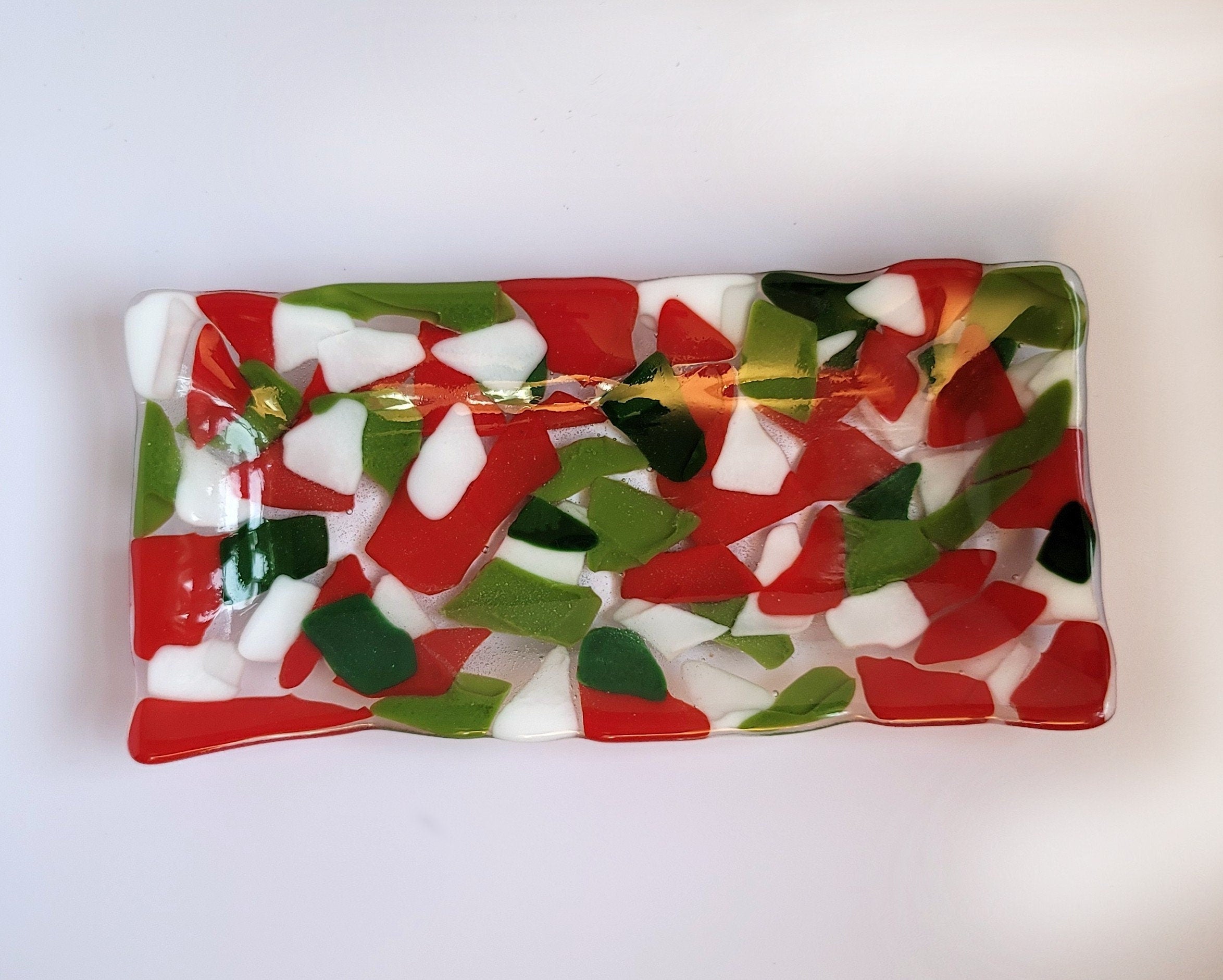 Christmas Green, Red, White and Clear 10x5 inch Fused Glass Platter.