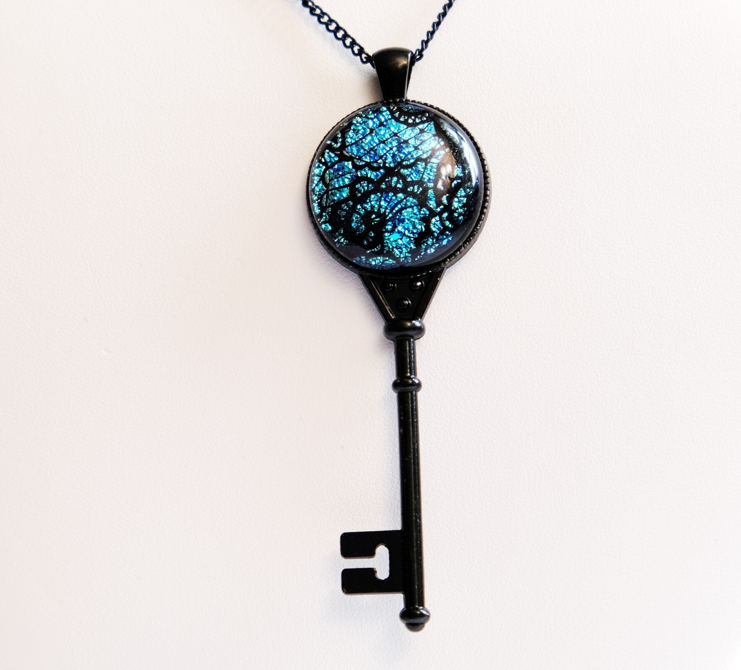 Black Metal Skeleton Key pendant necklace with Fused Glass Blue  Lace cabochon on 24 inch black chain jewelry
