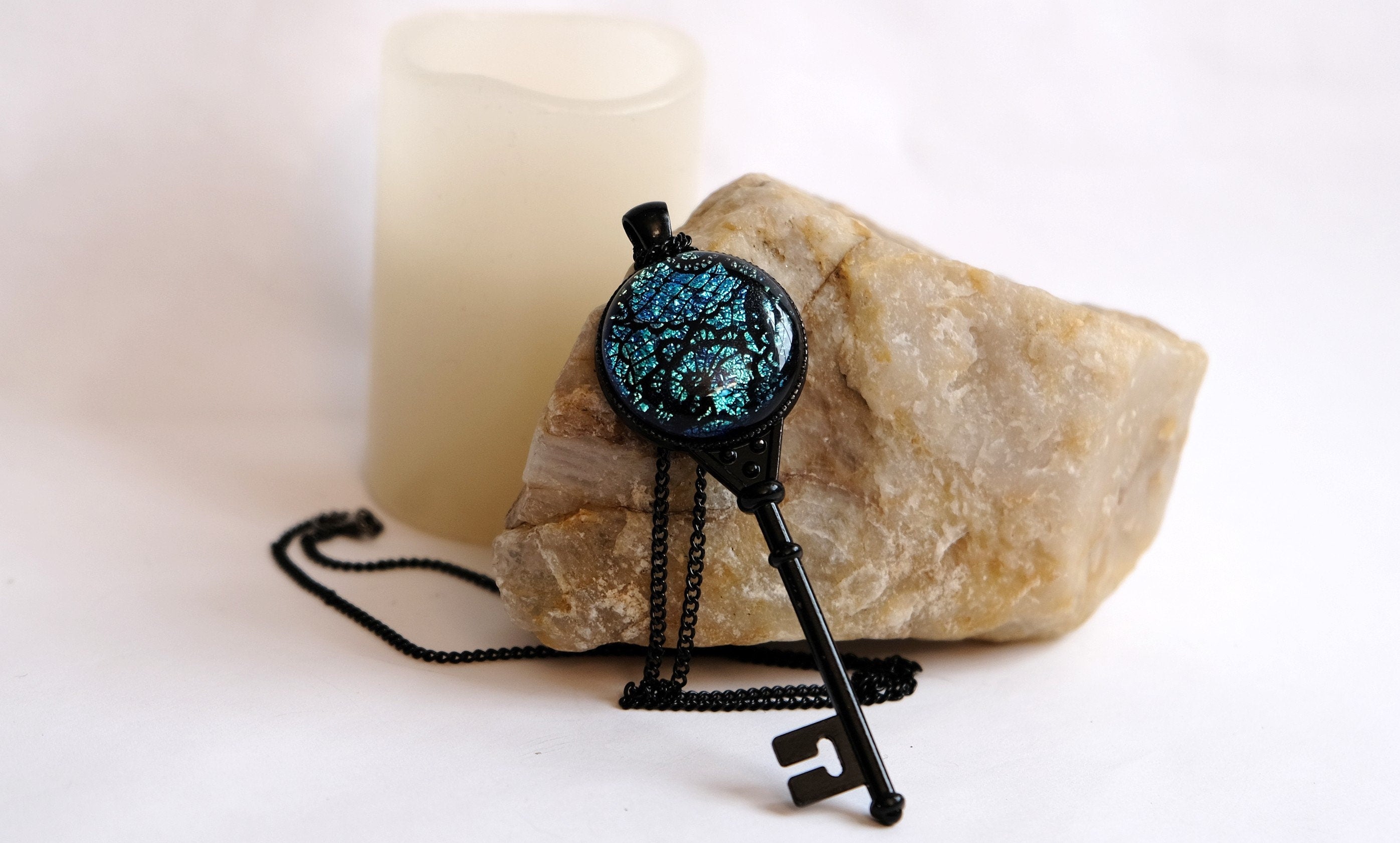 Black Metal Skeleton Key pendant necklace with Fused Glass Blue  Lace cabochon on 24 inch black chain jewelry