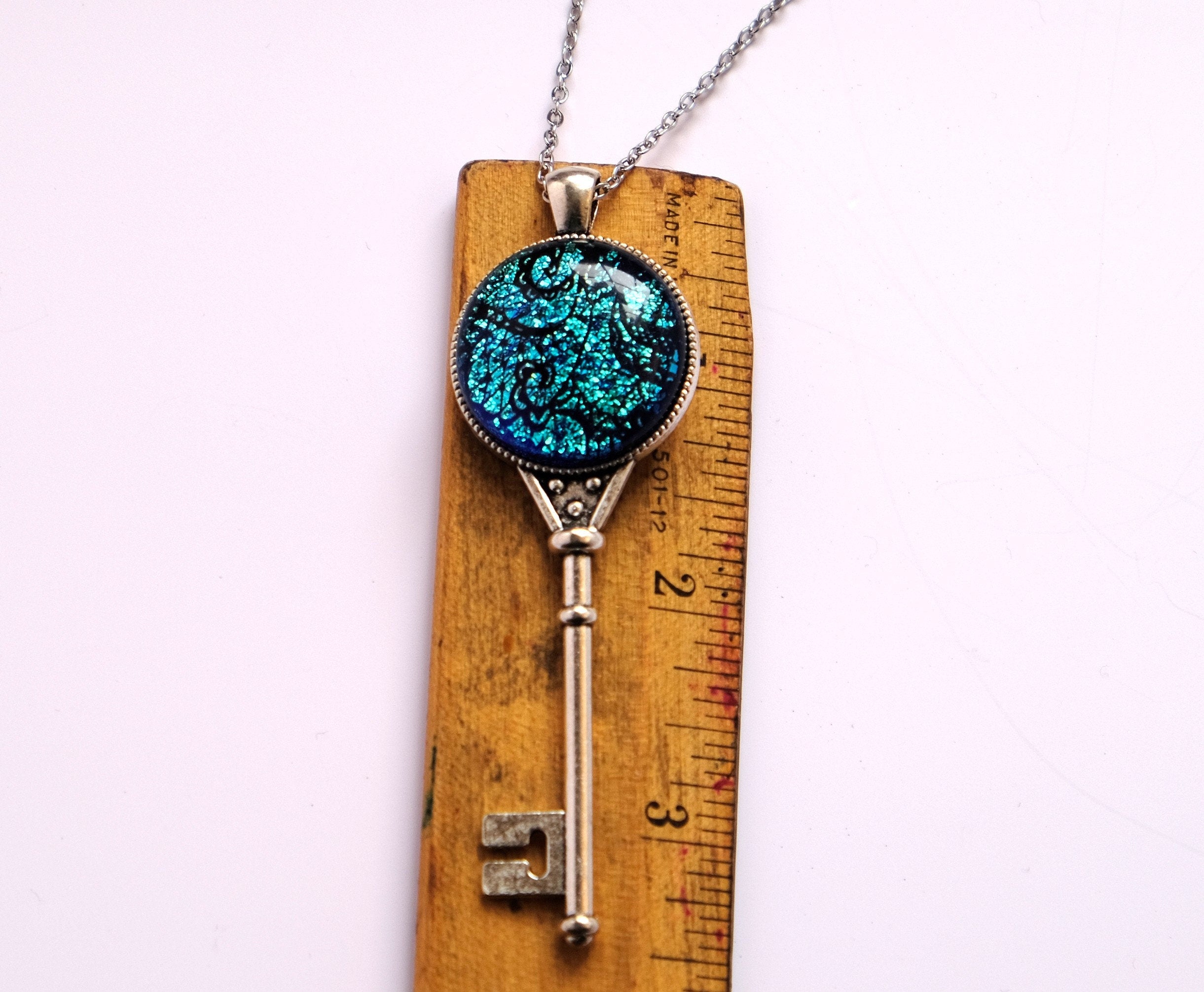 Silver Metal Skeleton Key pendant necklace with Fused Glass Blue  Lace cabochon on 24 inch steel chain jewelry seeds glassworks seedsglassworks