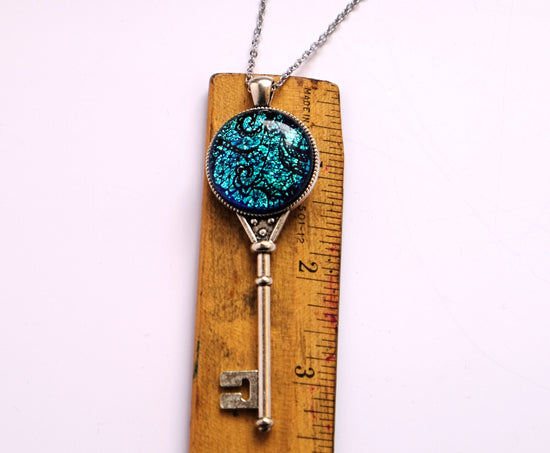 Silver Metal Skeleton Key pendant necklace with Fused Glass Blue  Lace cabochon on 24 inch steel chain jewelry seeds glassworks seedsglassworks