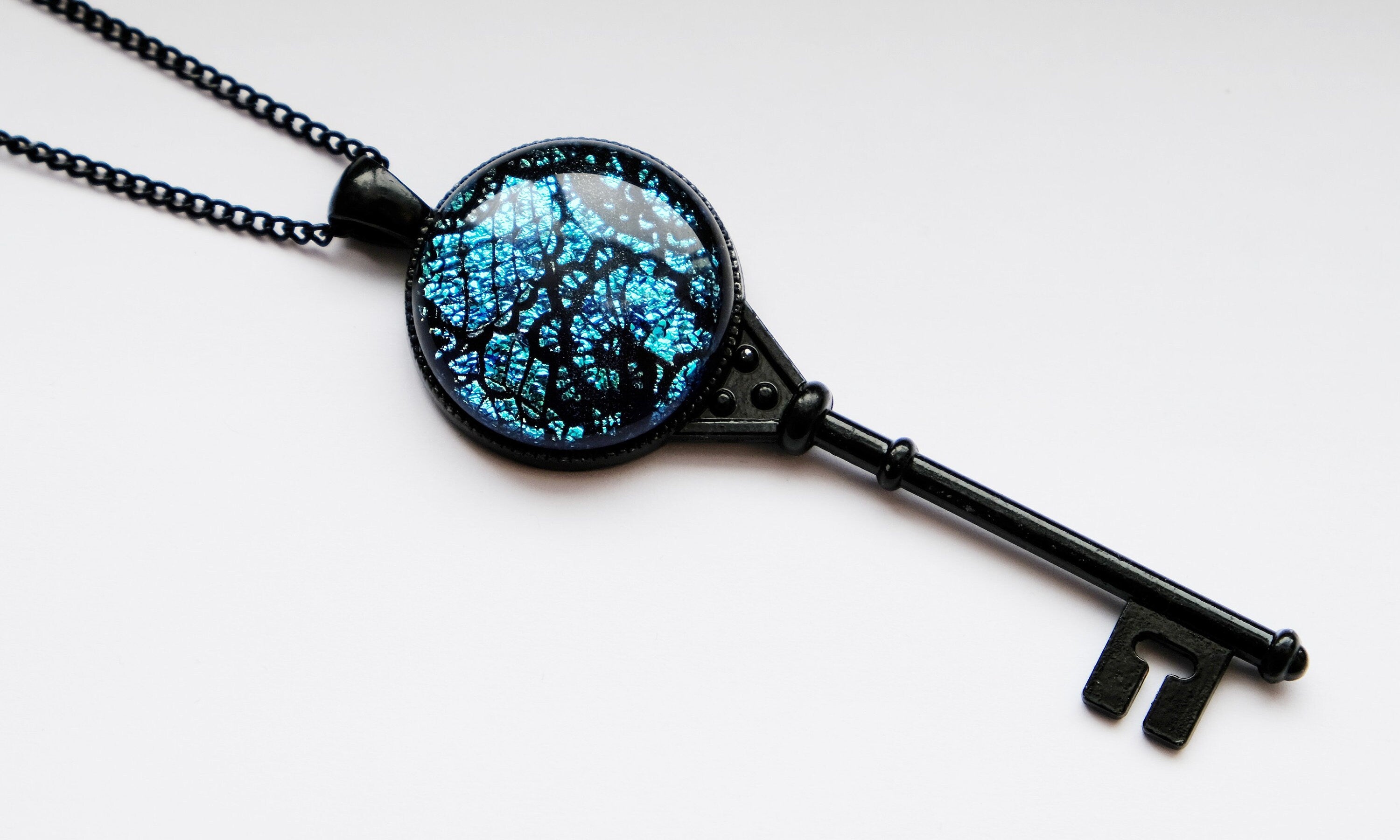 Black Metal Skeleton Key pendant necklace with Fused Glass Blue  Lace cabochon on 24 inch black chain jewelry