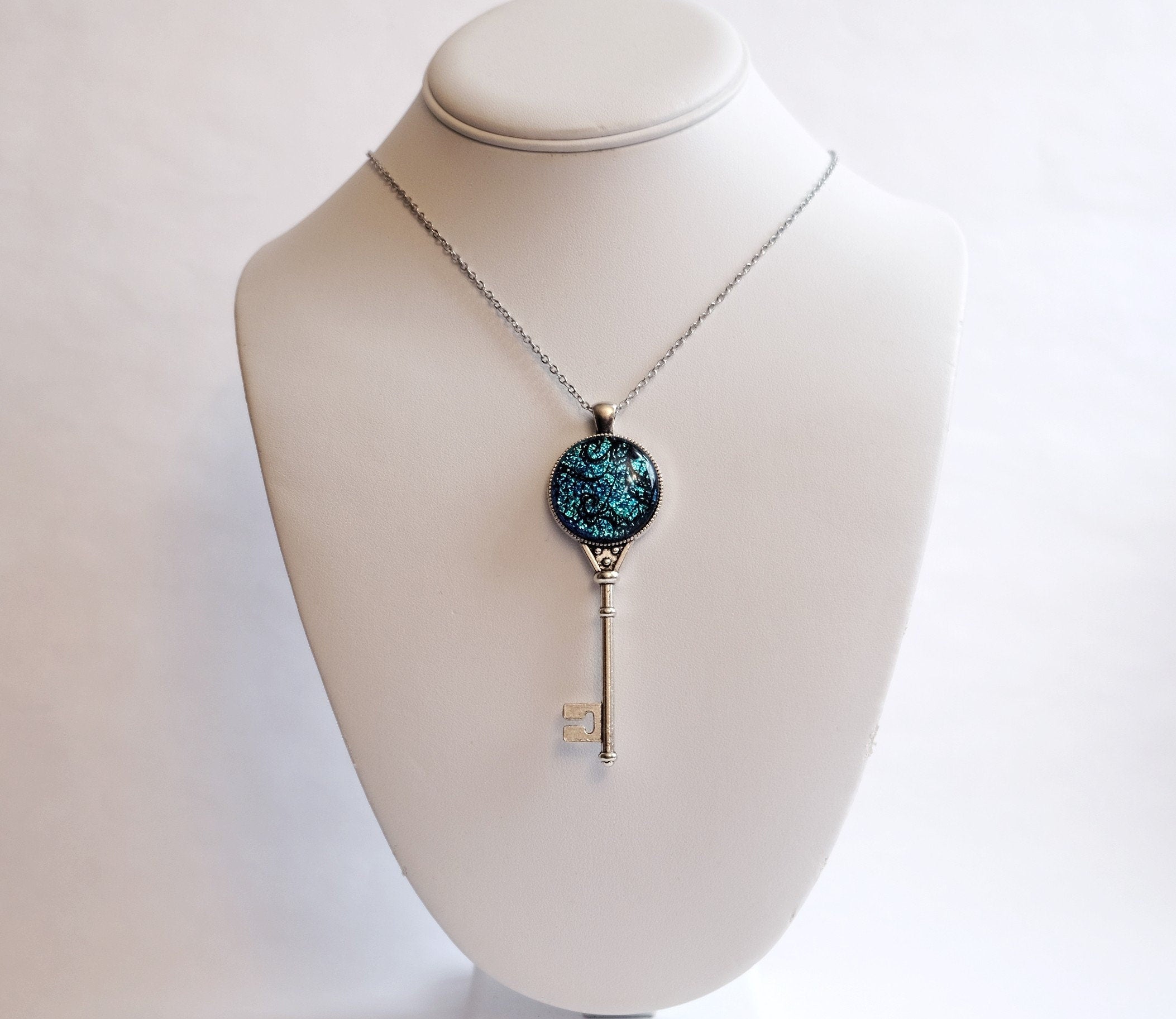 Silver Metal Skeleton Key pendant necklace with Fused Glass Blue  Lace cabochon on 24 inch steel chain jewelry seeds glassworks seedsglassworks