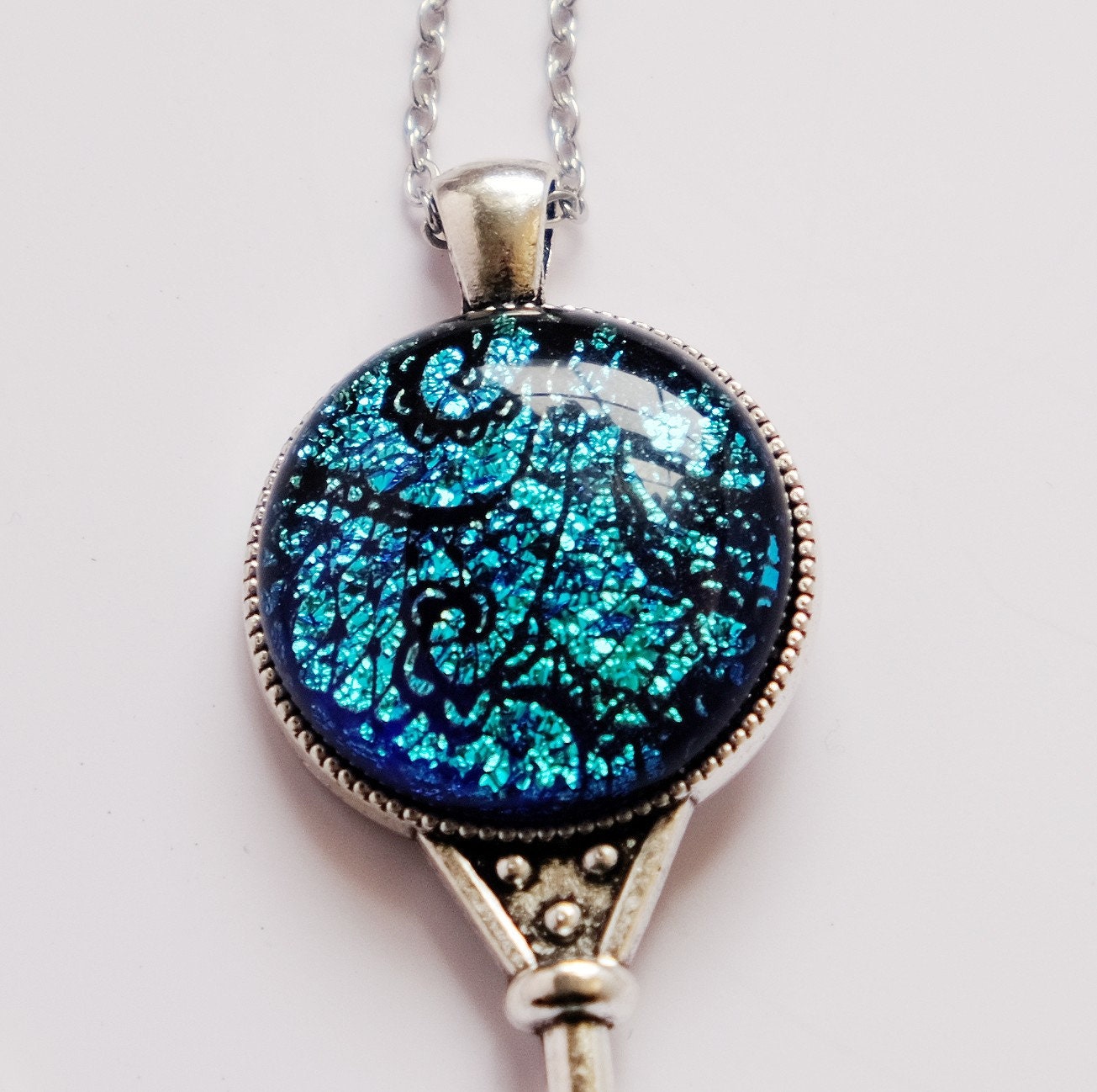 Silver Metal Skeleton Key pendant necklace with Fused Glass Blue  Lace cabochon on 24 inch steel chain jewelry seeds glassworks seedsglassworks