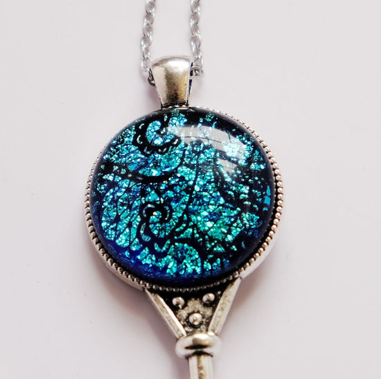 Silver Metal Skeleton Key pendant necklace with Fused Glass Blue  Lace cabochon on 24 inch steel chain jewelry seeds glassworks seedsglassworks